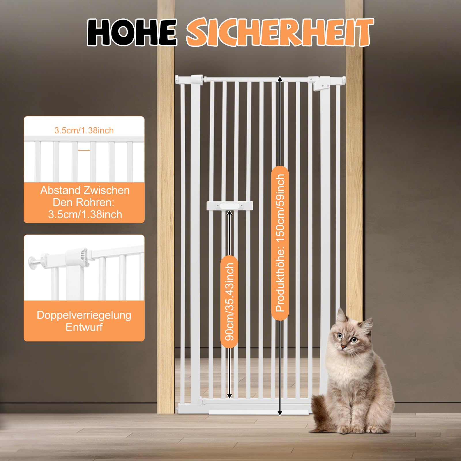Schutzgitter für Haustiere Extra Hoch, Haustiergitter Extra Hoch mit Doppelverriegelung, 180° Türöffnung, Automatische Türschließung, Ohne Bohren (Weiß)
