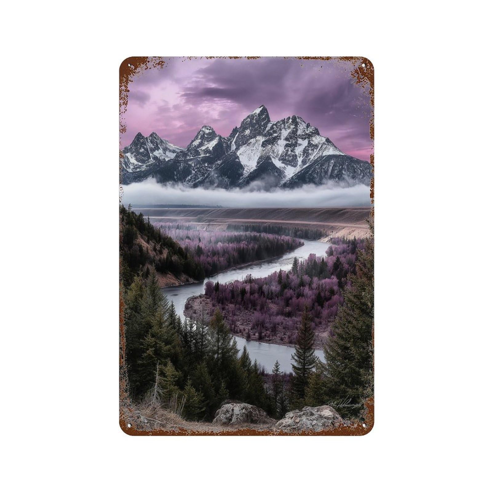 Garage Style Mountain River Landscape -1 Weathered Tin Sign 11.8"x7.9", Shabby Chic Decor for Bar And Workshop