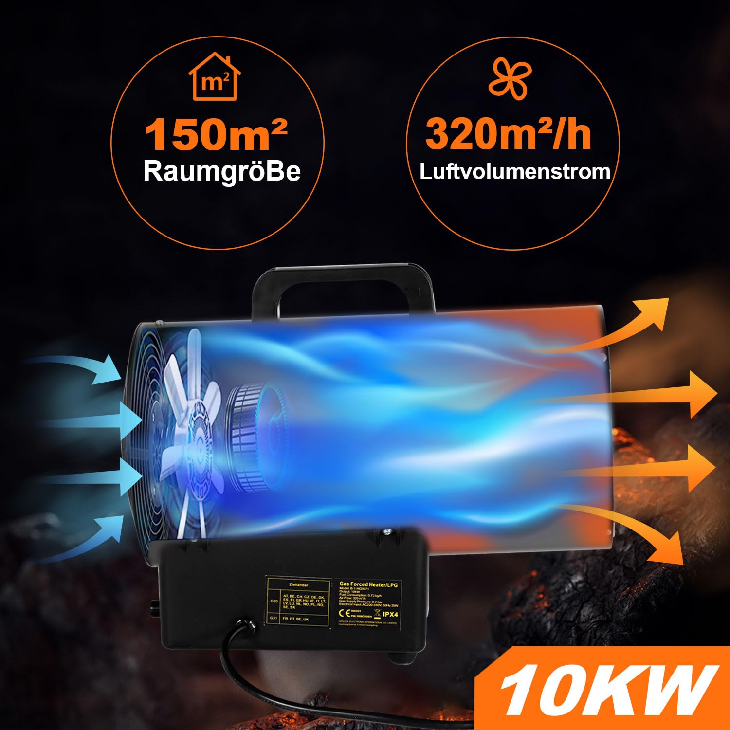 Eulenke Calefactor de gas de 10 kW, caudal de aire de 320 m³/h, incluye manguera de gas y reductor de presión, cañón de calor, generador de aire caliente, calentador de construcción con protección