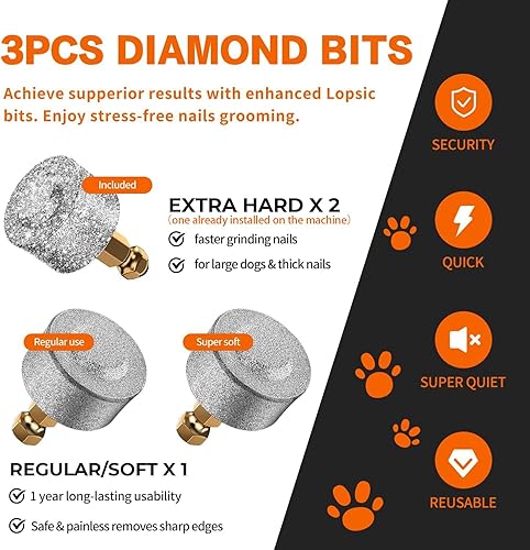 Miniatura 5 de Molinillo de uñas para perros con 2 luces LED, potente 2 velocidades, recortador de uñas para perros súper silenciosos con 3 muelas abrasivas