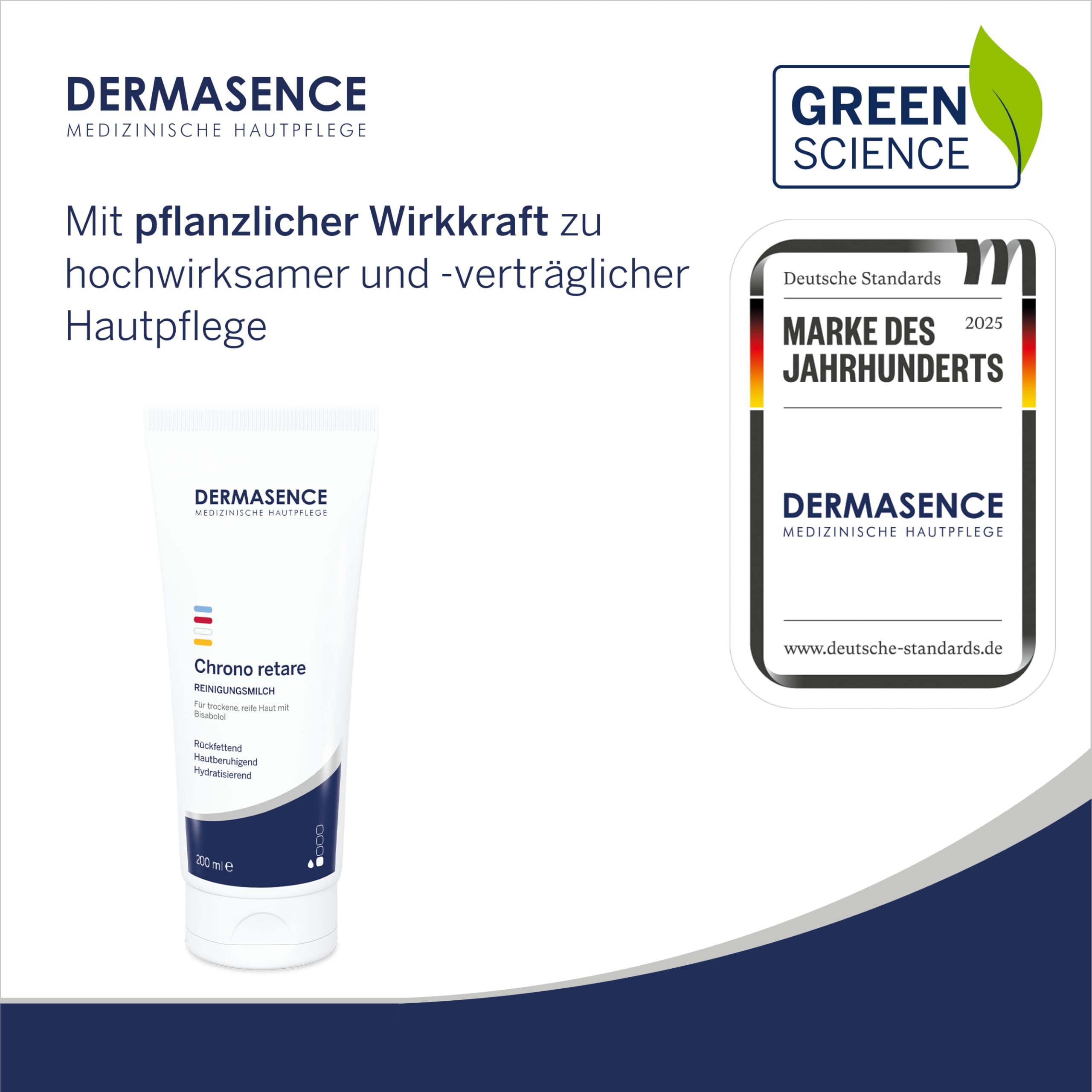 DERMASENCE Chrono Retare Reinigungsmilch, 200 ml, sanfte Abschminkpflege bei trockener und empfindlicher Haut, entfernt Make-up und Schmutz, pflegend und rückfettend, vegan, parfümfrei, für reife Haut