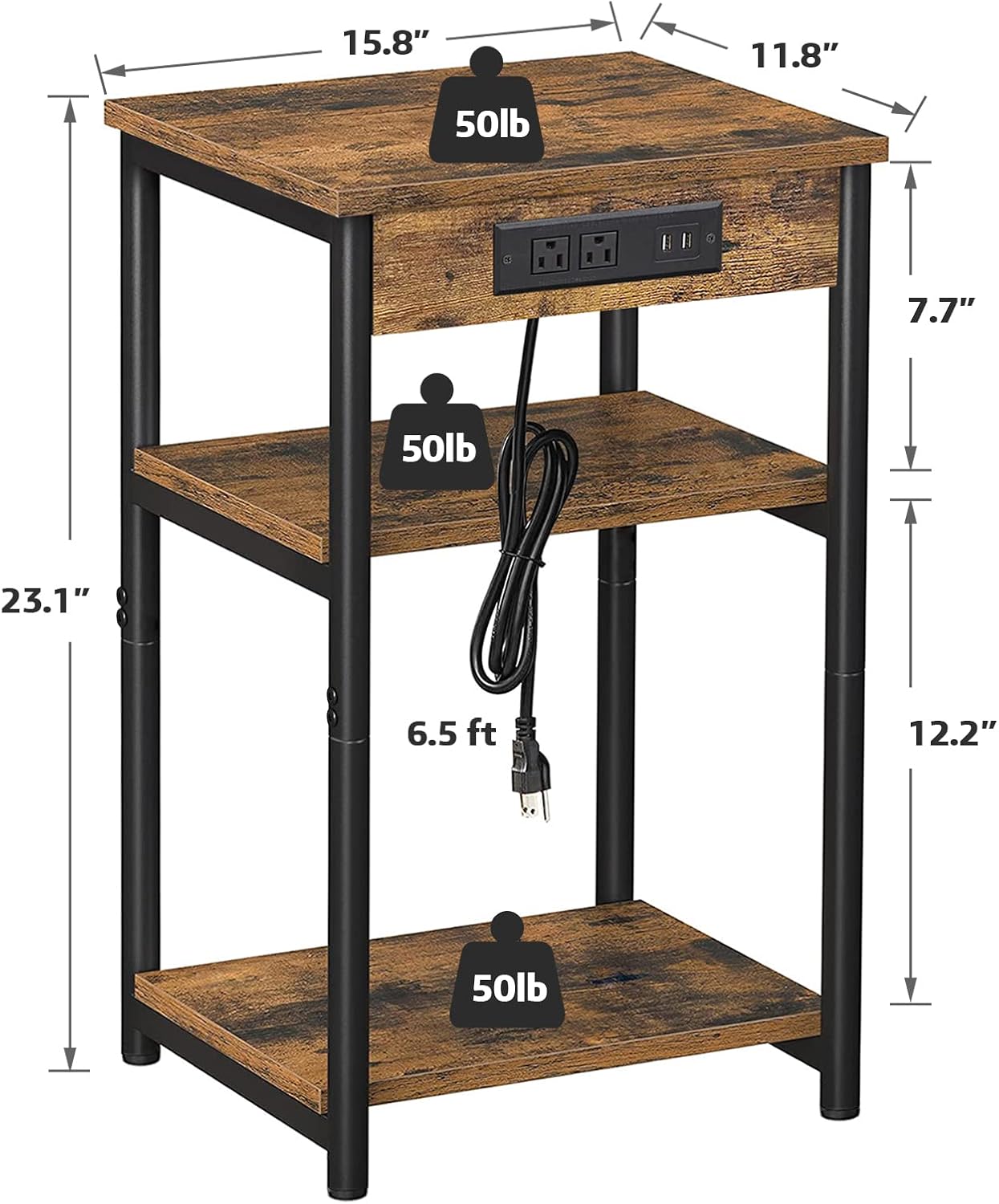 TUTOTAK End Table with Charging Station, Nightstand, 3-Tier Couch Side Table with USB Ports and Outlets, Bedside Table for Small Space, Living Room TB01BB026