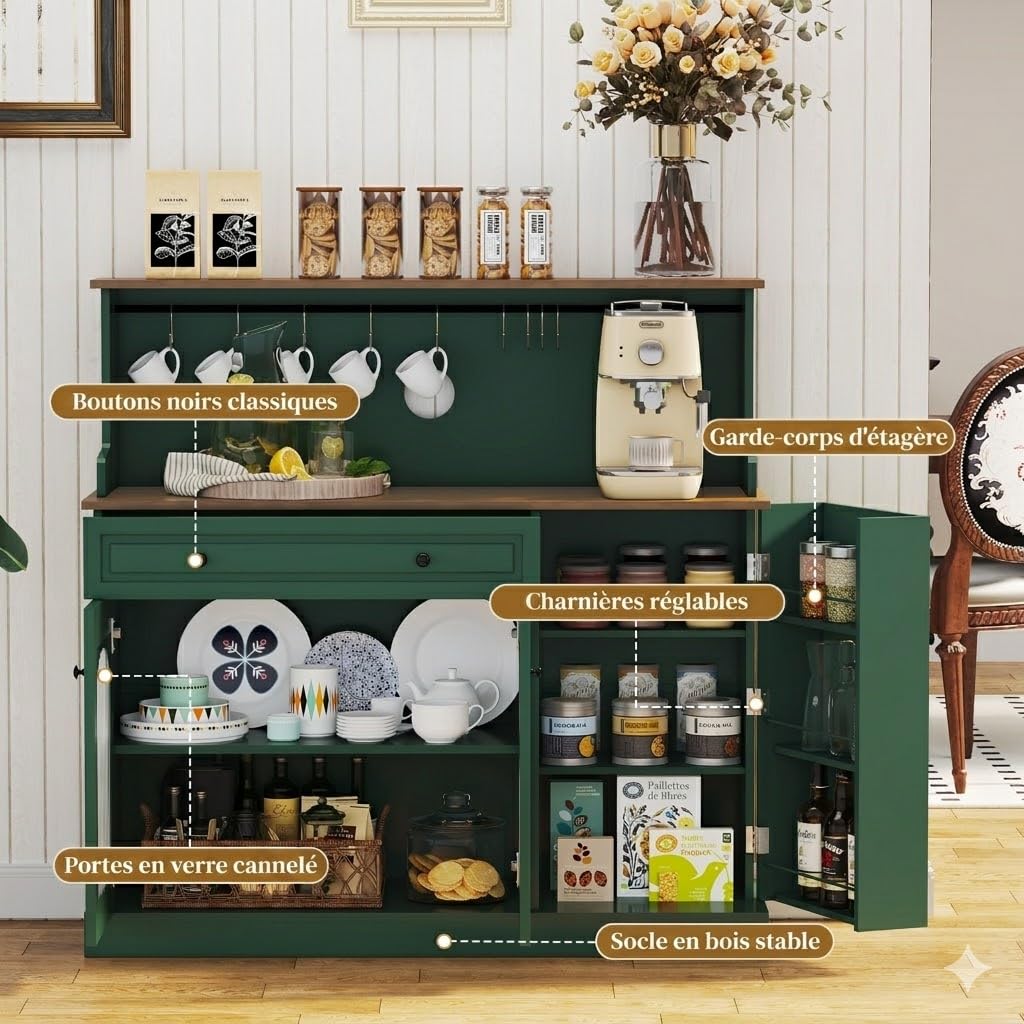HOLTICO Vaisselier Buffet de Cuisine avec Plan de Travail, Meuble pour Micro-Onde et Bar à Café, avec Armoire de Rangement, Tiroir et Étagères, pour Salle à Manger, Salon, 120 x 120 x 40 cm, Vert