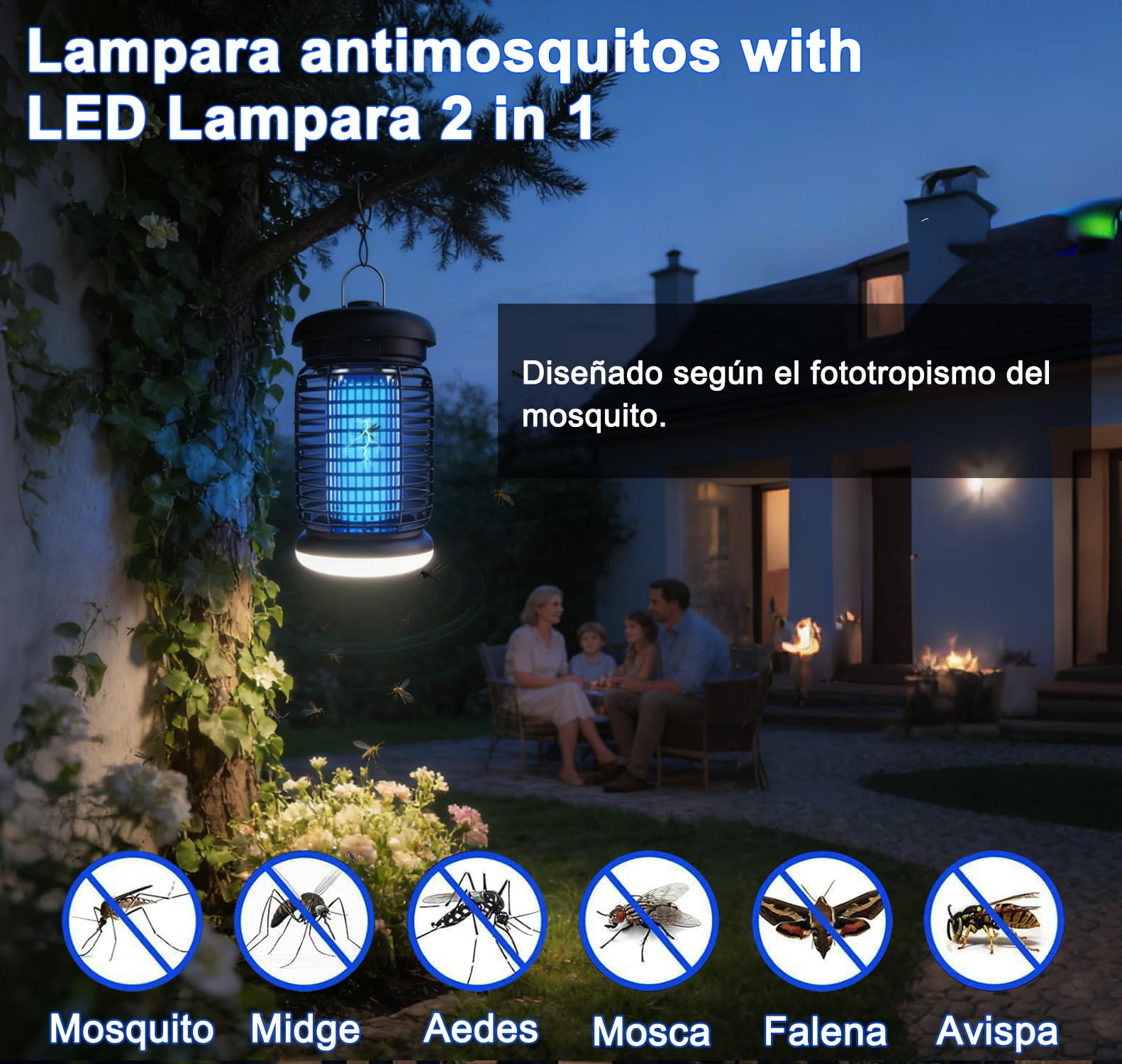 Lámpara antimosquitos con iluminación LED, Cable de 3M, 4200V 15W UV Mata Mosquitos electrico, No tóxico e Inodoro, Resistente IPX4, Atrapa eficazmente Mosquitos, Moscas y Polilla