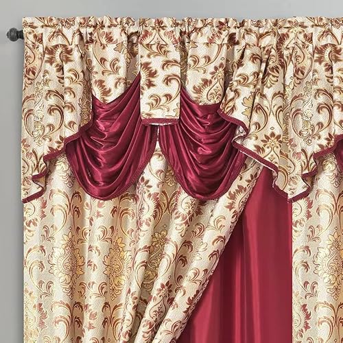 GOHD Samba Star. Jacquard Window Curtain Panel Drape with Attached Fancy Valance and taffeta backing. 2pcs Set. Each pc 54" Wide x 90" Drop with 18" Valance. (BURGUNDY) - Cosy Home Interiors GOHD Samba Star. Jacquard Window Curtain Panel Drape with Attached Fancy Valance and taffeta backing. 2pcs Set. Each pc 54" Wide x 90" Drop with 18" Valance. (BURGUNDY) - Image 4