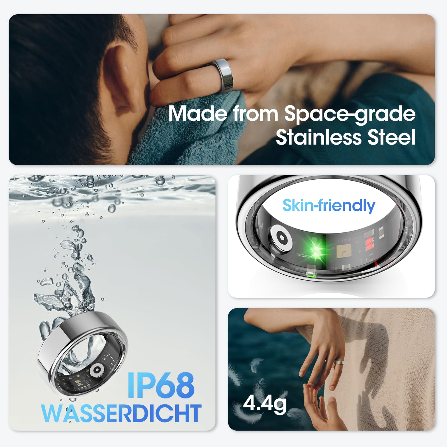 DEKELIFE 2024 Anillo Inteligente Hombre Mujer, Smart Ring con Pulsometro, SpO2, Monitor de Sueño, 100+ Modos Deportivos Anillo de Fitness, Podómetro, Calorías IP68 iOS Android, Tamaño 10, Plata