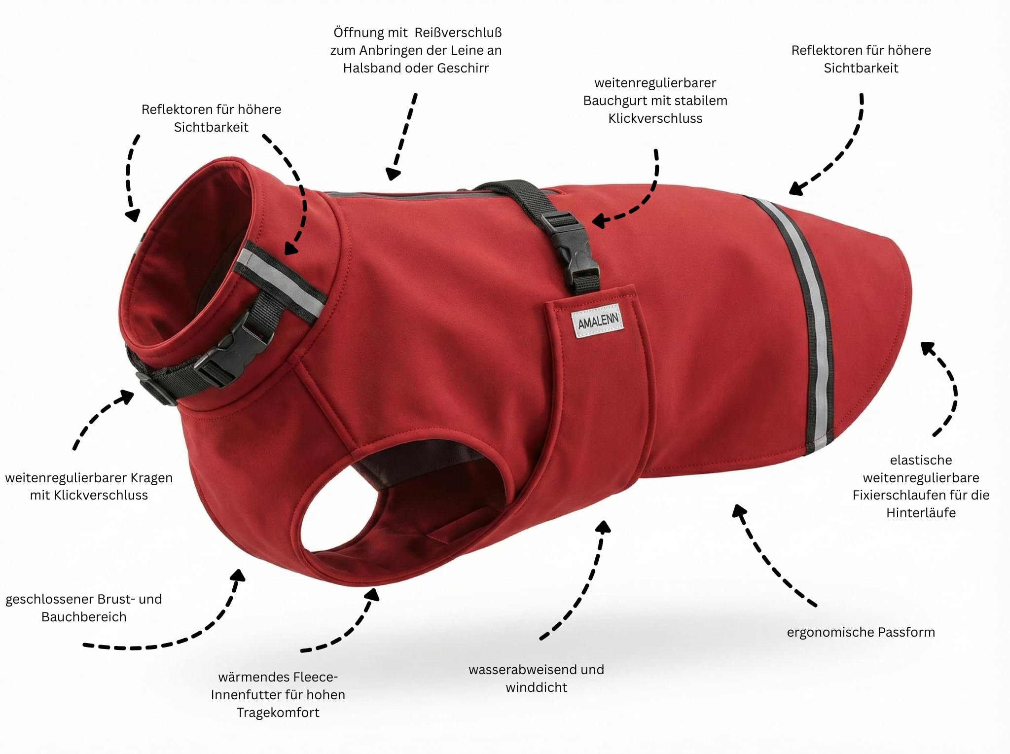 Hundemantel Softshell „Style“ Wasserdicht & Winddicht – Hundejacke mit Fleece Innenseite – Wetterfeste Hundeweste mit Reflektoren & Geschirr-Öffnung – Verstellbar - waschbar (M)