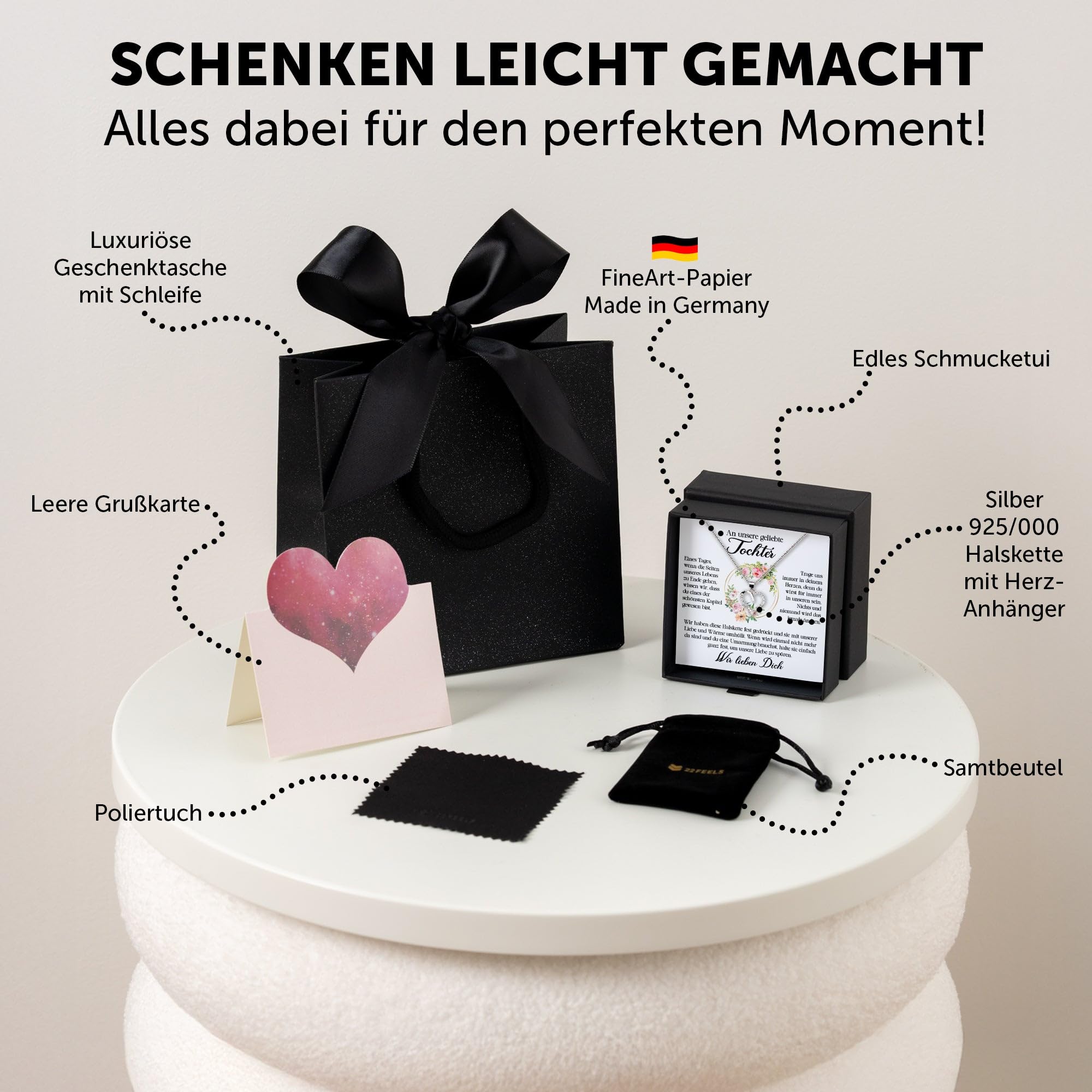 Tochter Geschenke: Echt Silber 925/000 Damen Colliers mit 23 Zirkonia Steinen - Frauen und Mädchen Herz Halsketten mit Botschaftskarten Made In Germany
