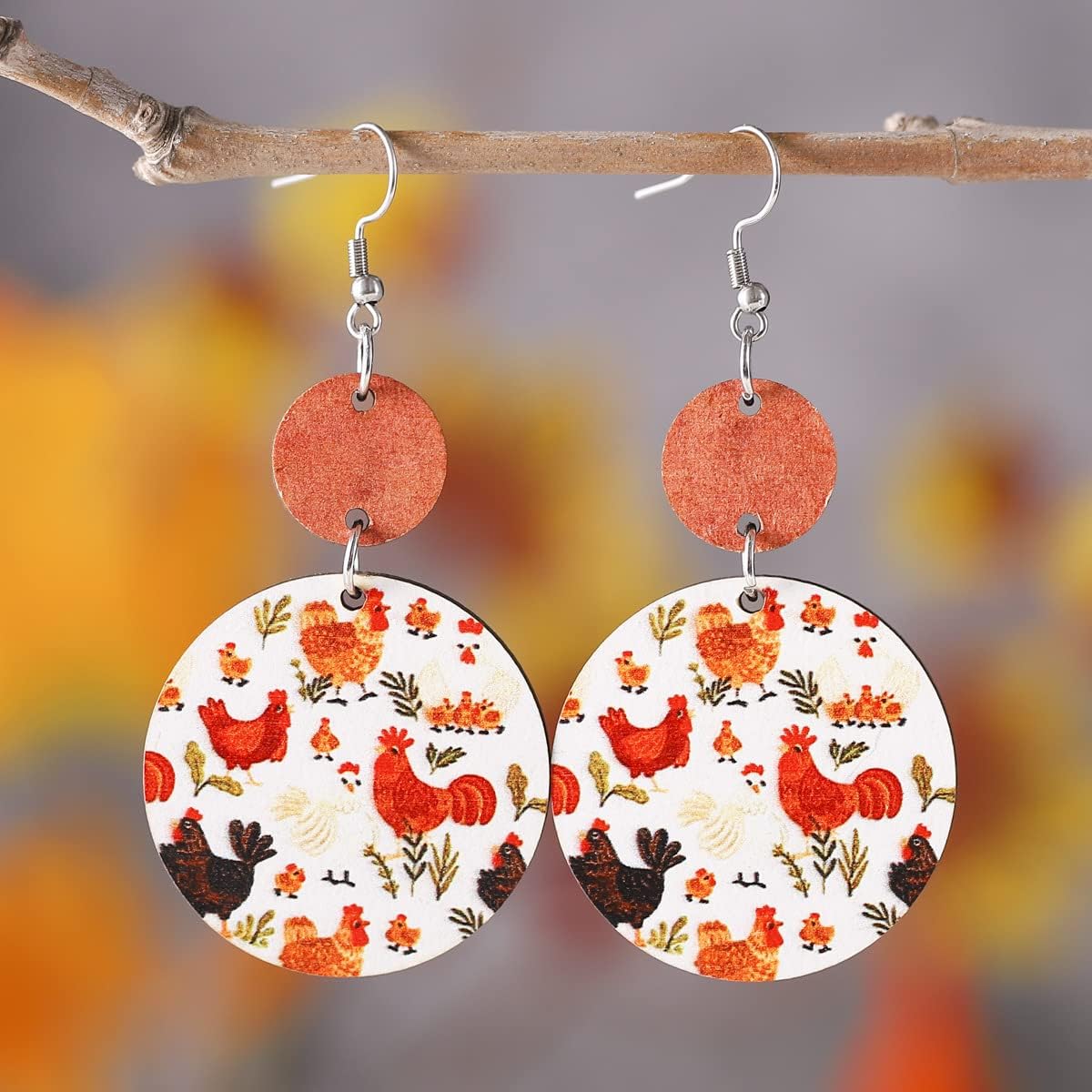 Creative Funny Hen Chicken Wave-Dot Wooden Dangle Earrings Cute Kawaii Animal Turkey Rooster Farm Design Earrings for Women Lightweight Hypoallergenic Fashion Charm Jewelry Gifts - Image 4