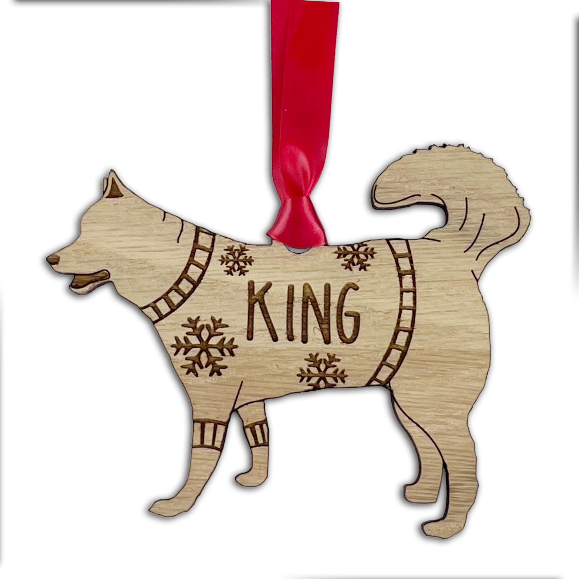 Personalised Husky Dog Christmas Tree Bauble, Jumper with Snowflakes Design, Oak Veneer Wood or White Wood Decoration with Red Ribbon (Oak Veneer, Decoration Only)