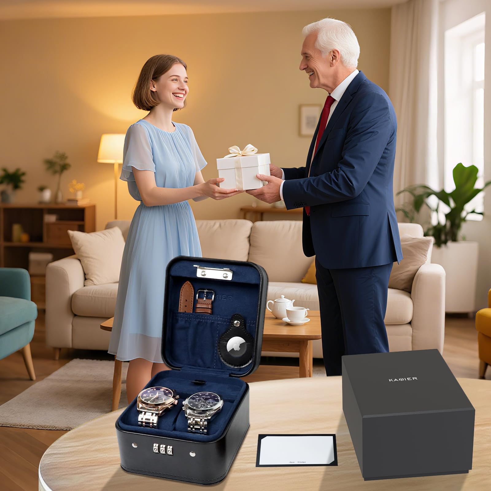 KAMIER Coffret de Voyage pour Montres, Étui Homme 2 Montres Solide en PU Cuir avec Cadenas à Combinaison, Boîte de Rangement Portable pour Montre, Bagues et Colliers – Cadeau Homme et Femme – Noir