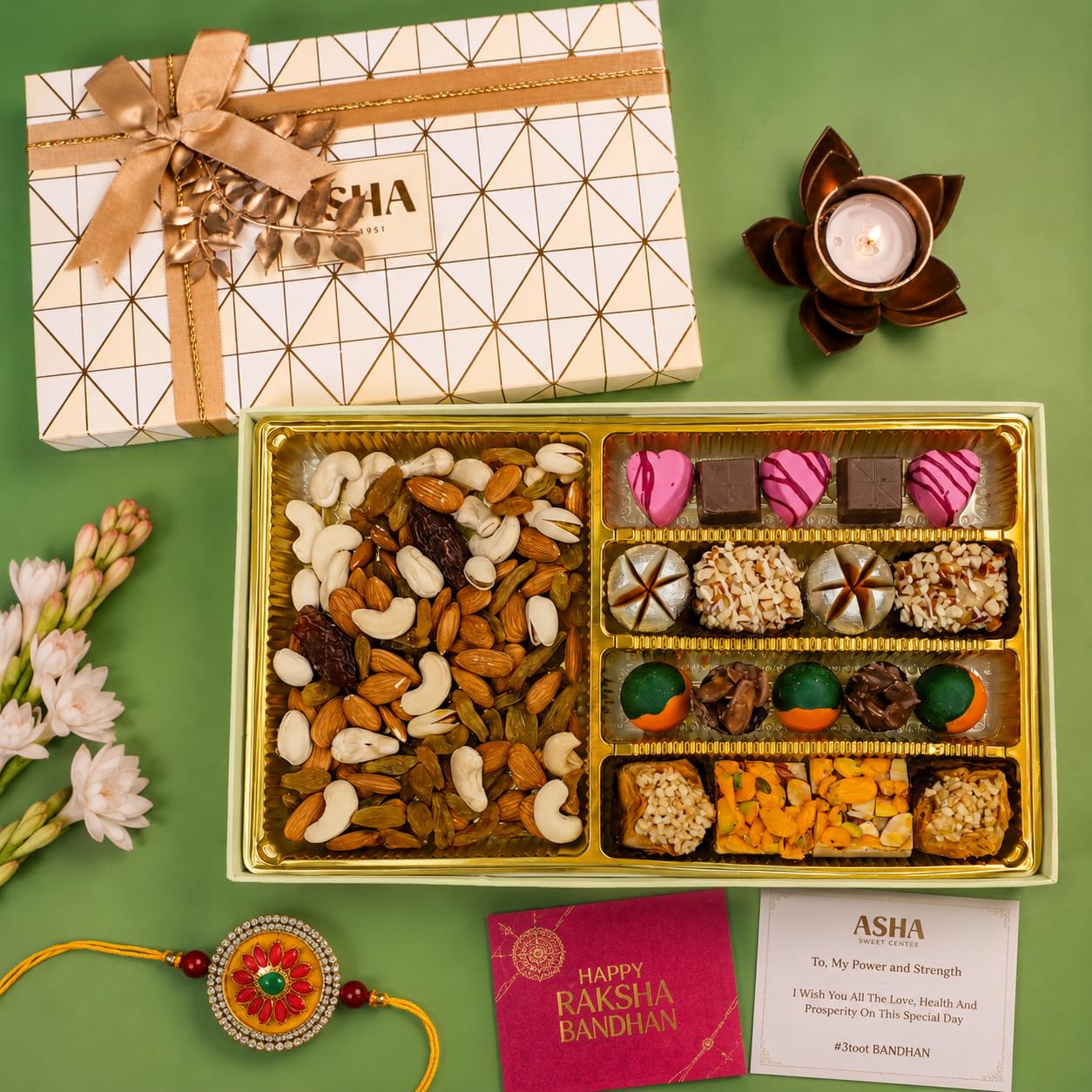 ASHA SWEETS Rakhi Luxurious Bites Gift Hamper witth Rakhi & Wishes Card |Premium Assorted Sweets Box with Dry Fruits Gifting for Brother & Sister, Friends & Family | Elegant Mithai Gift Box for this Festive Season