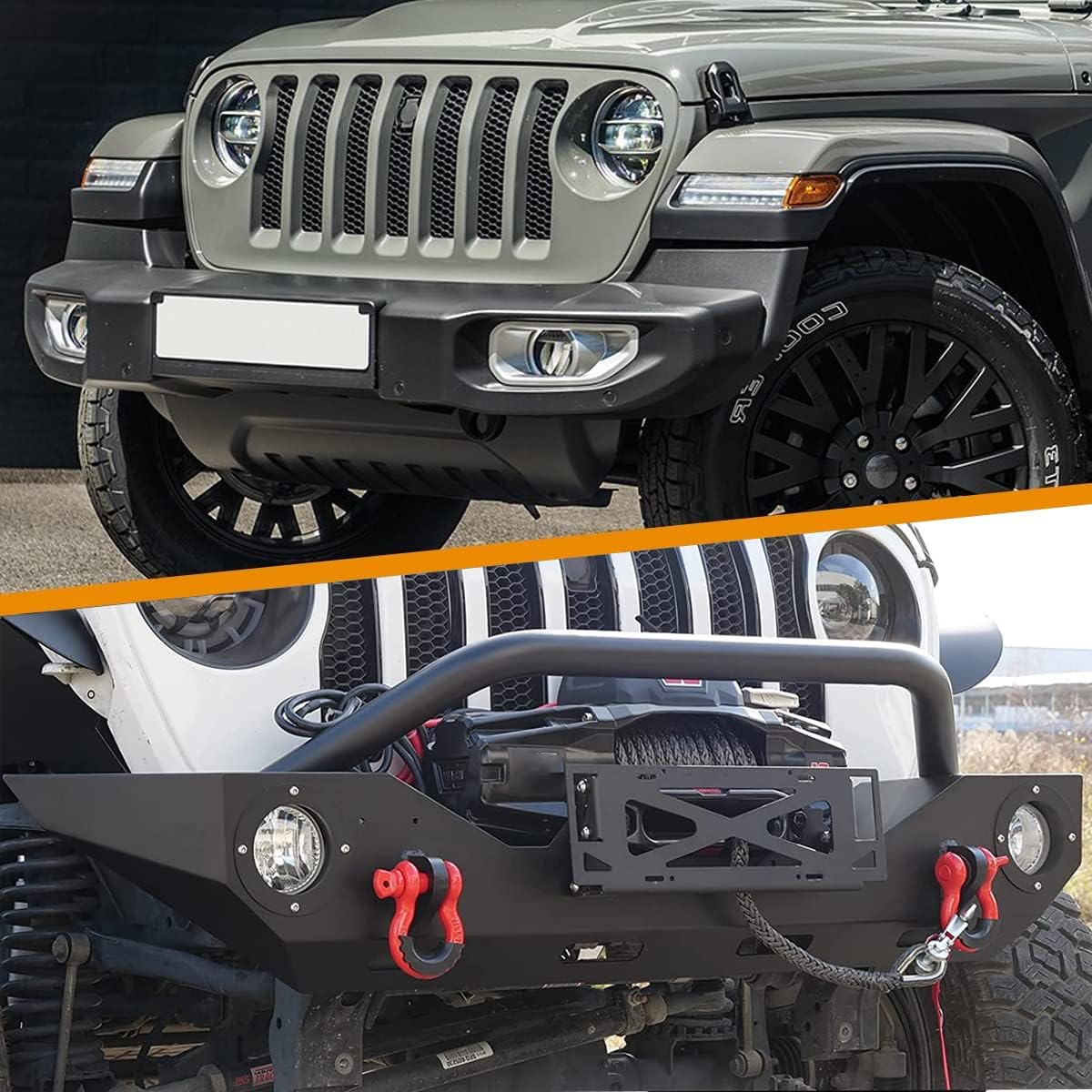 Front Bumper Fit 2018-2026 Jeep Wrangler JL/2019-2026 Jeep Gladiator JT / 2007-2018 Jeep Wrangler JK, Off Road Rock Crawler Textured Black Bumper with Winch Plate & 2 × D-Rings & Fog Holes