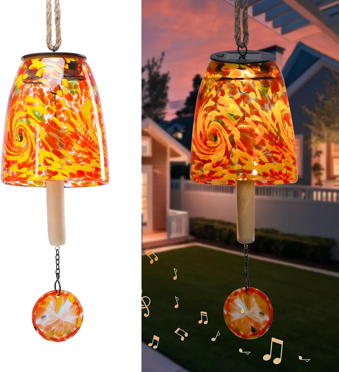 DREAM GARDEN Solar Wind Chimes for Outside, Glass Wind Chime Outdoor Colorful Windchimes with Solid Wood Striker Melody Wind Bell Unique Gifts for Mom Women Grandma, Orange