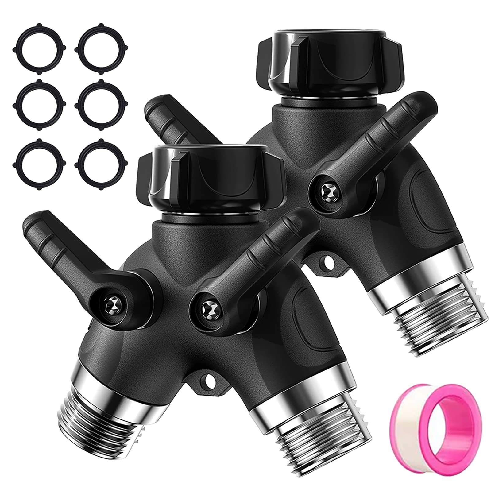 Water Splitter 2 Way, 2 Pack Garden Hose Splitter, 3/4" Spigot Adapter Connector Water Faucet Splitter with Comfortable Rubberized Grip, Solid 2 Way Y