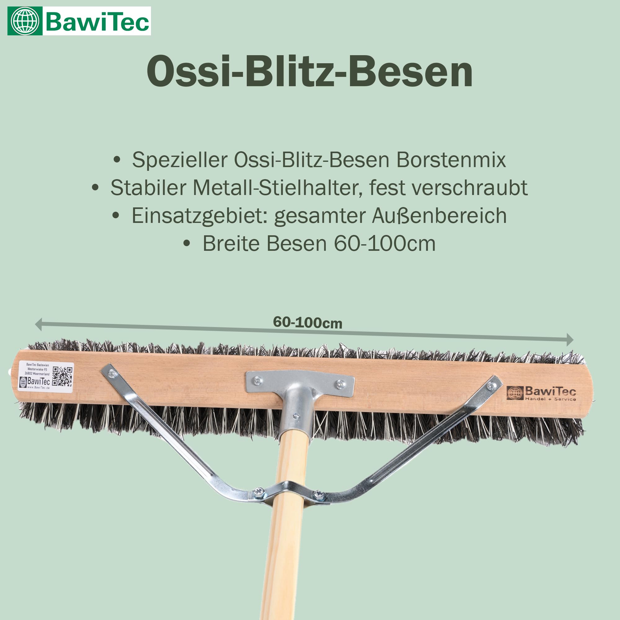 OssiBlitz Besen Straßenbesen 100cm mit Stiel 160cm Stabi Harte Borsten | Spezieller Stielstabilisator/Zusatzhalterung, Besenstiel Ø28mm, Für groben und feinen Schmutz