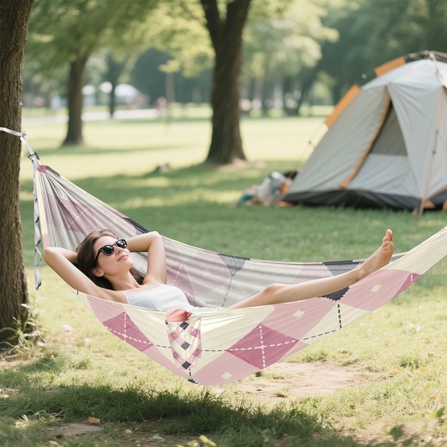 Childish Tartan Check Pattern Rosy Beigexture Camping Hammocks with Tree Straps Hanging Hammock for Outside Camping Essentials