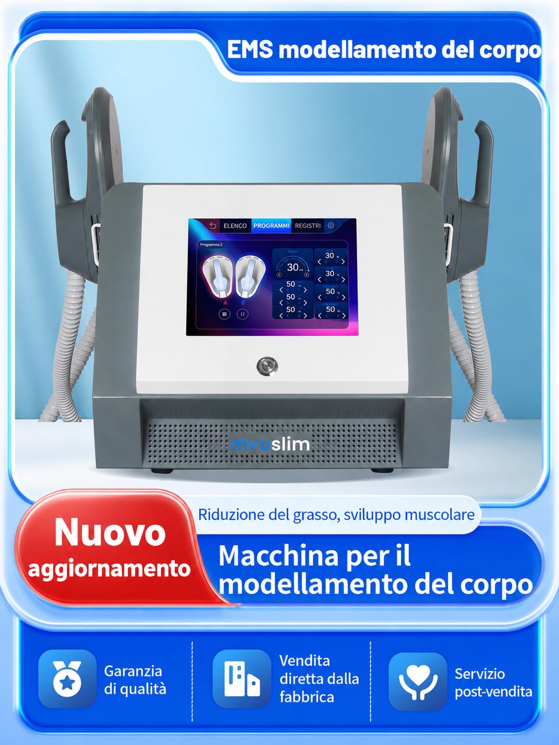 myoslim Macchina EMS Body Sculpt a 2 Manipoli, Dispositivo per Rimodellamento Estetico del Corpo, Elettrostimolazione Muscolare, Schermo Tattile, Uso Salone