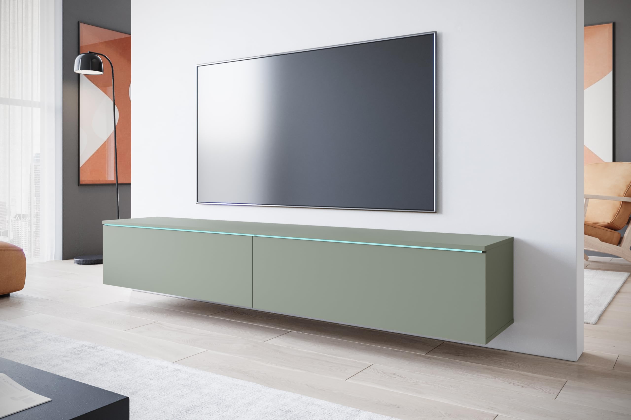 Parete attrezzata, Porta TV con contenitore per Soggiorno, Mobile TV Lowboard D180, Sospeso o a Terra, Senza Maniglie, Pannello Laminato, Finitura Completa Verde Nebbia