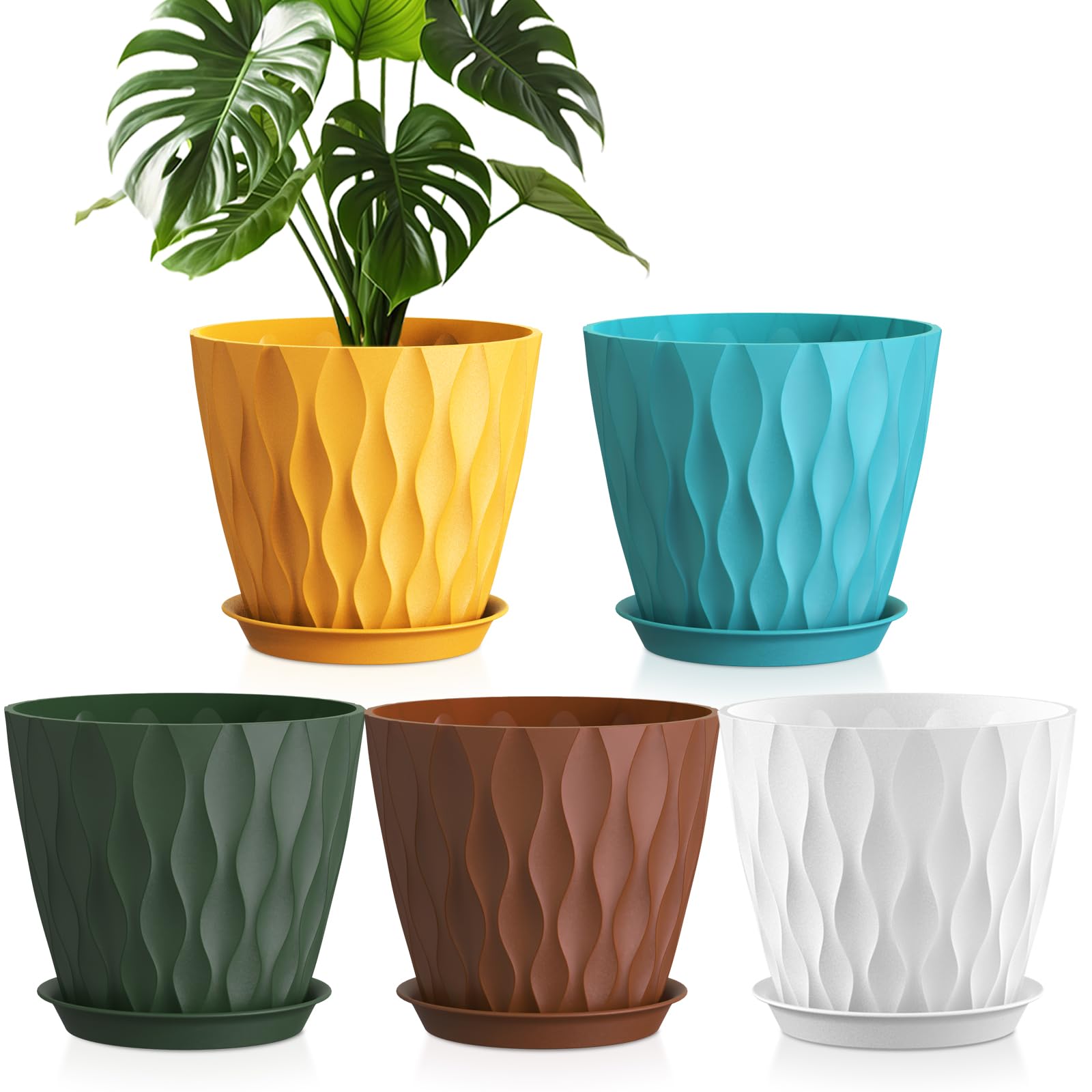 WSMKSZ 20 cm Plant Pots Indoor Outdoor Plants, 5 Pack Thick Plastic Flower Pots with Drainage Holes & Saucers, 3D Modern Wave Texture, Medium Decorative Planter Pots for Monstera, Geranium, Multicolor