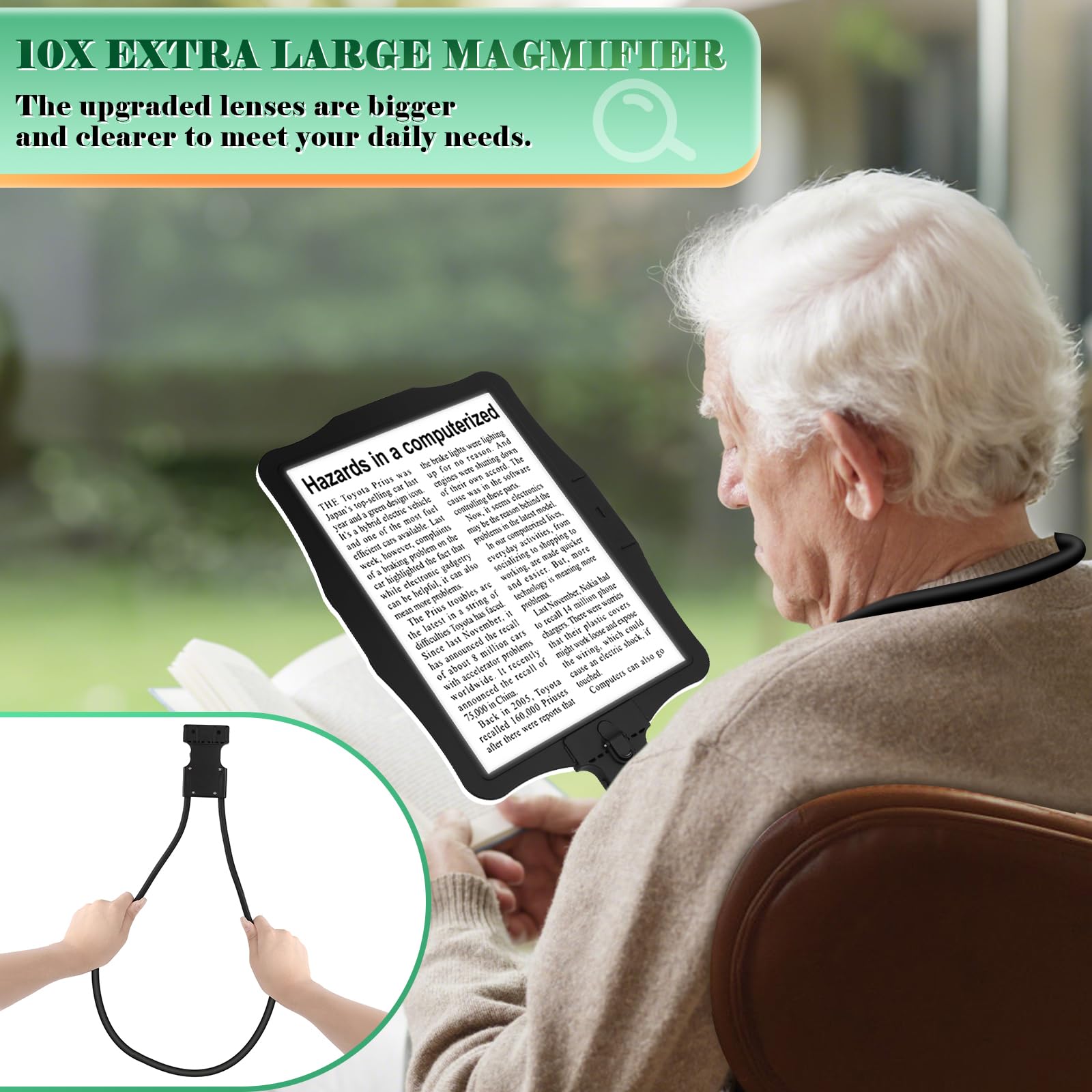 10X Ricaricabile Lente Ingrandimento con Luce a Mani Libere, Collo di Cigno per Lettura e Riparazione