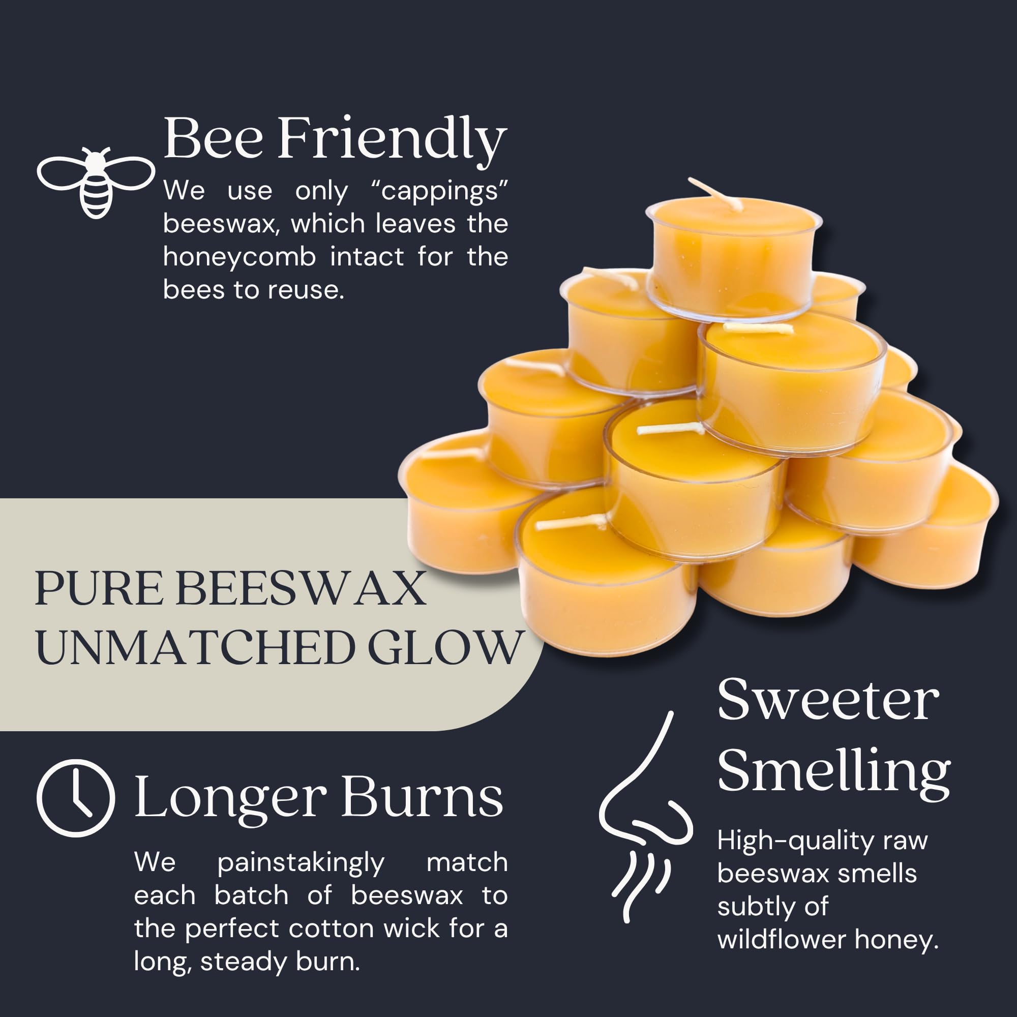 Bluecorn Beeswax Velas de té, cera de abejas 100 % pura y natural, velas de té amarillas, sin fragancia, sin parafina ni soja, combustión limpia, larga duración (4-5 horas), hechas en Estados Unidos