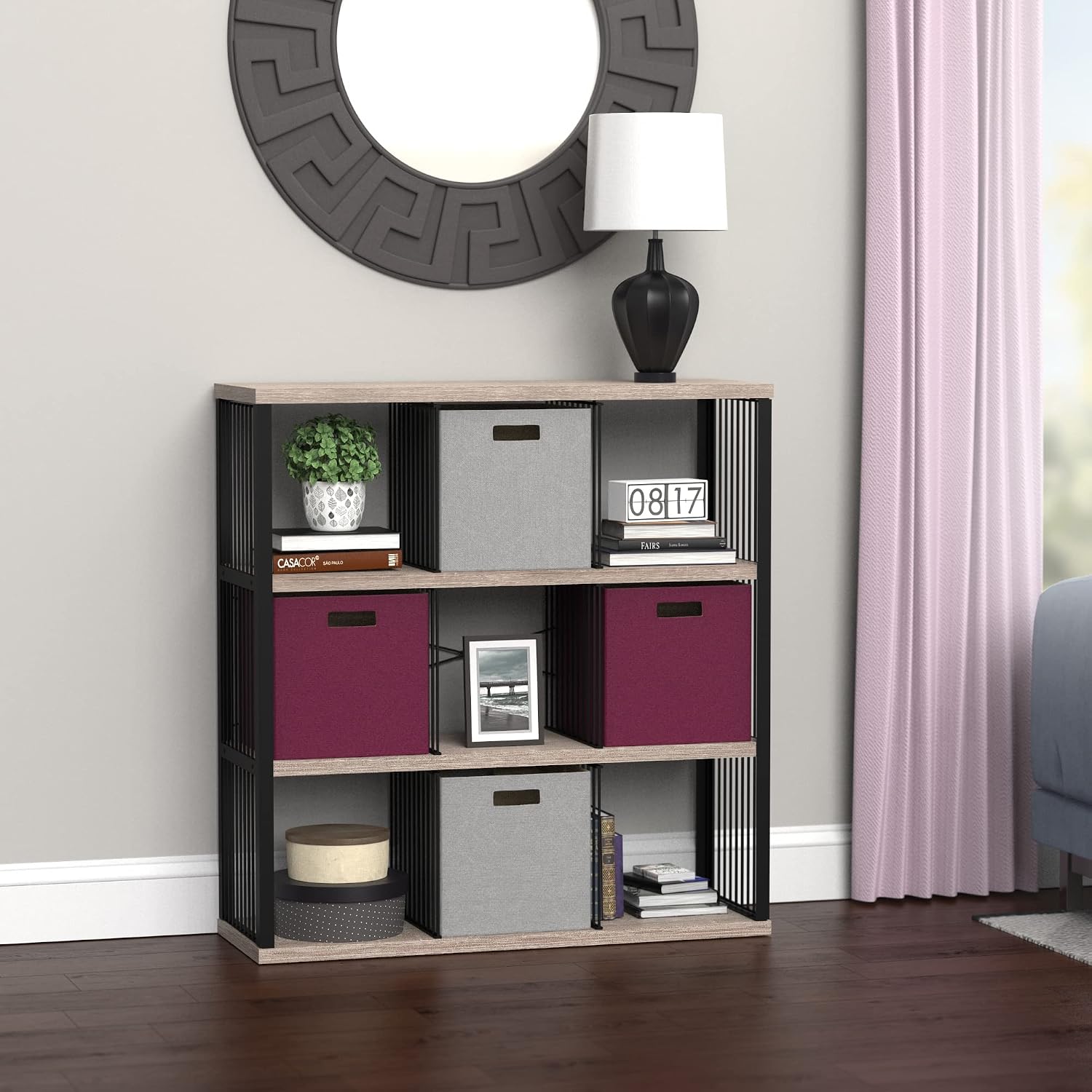 ClosetMaid 9-Cube Storage Organizer Bookshelf, Storage Shelf, Metal Frame, Wood Shelves, Easy Assembly, Black/Weathered Gray