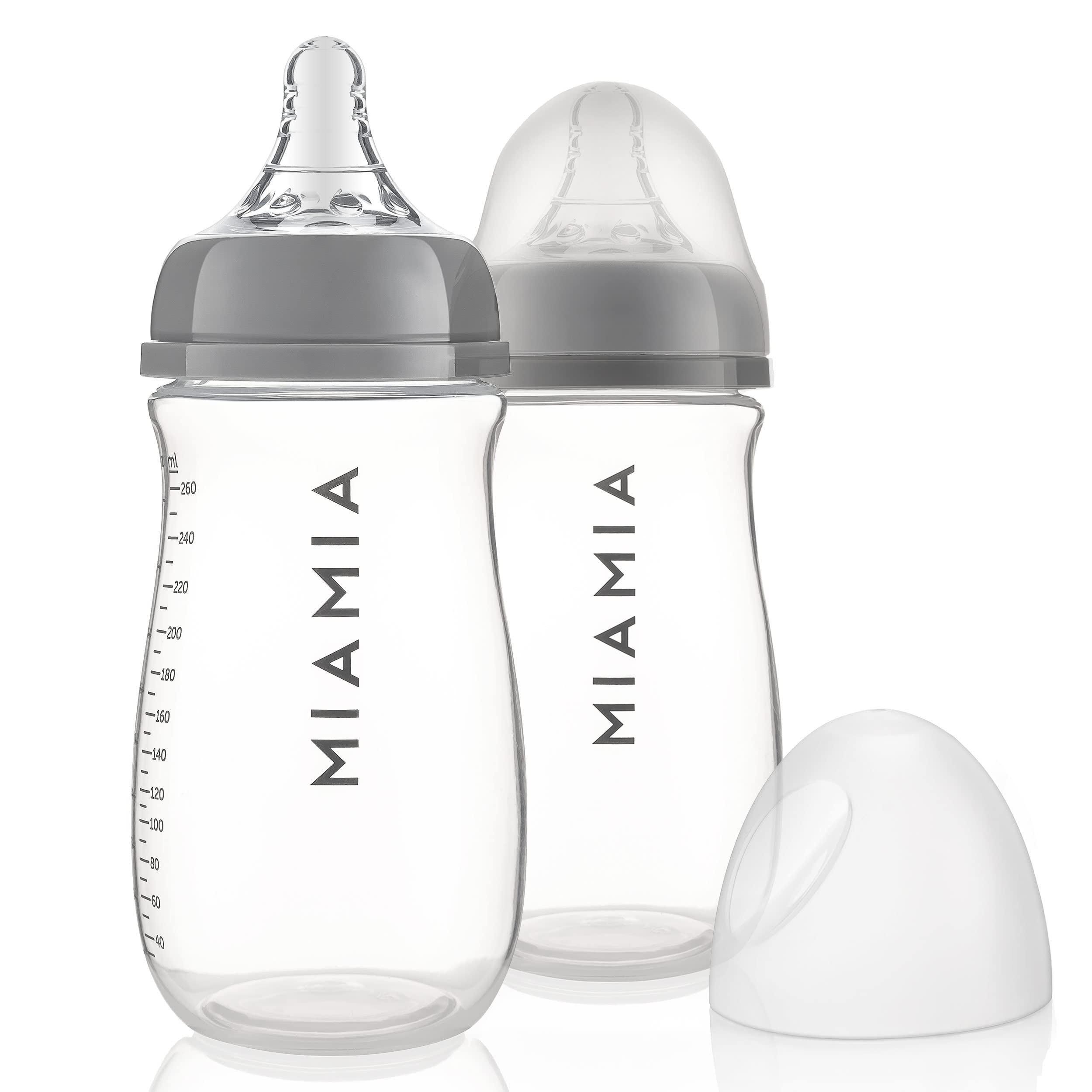 MiaMia Babyflaschen 2x 260 ml | 2er Set Flaschen mit weichem Silikon-Trinksauger | BPA-frei & Anti-Kolik | Ab 0 Monate | Spülmaschinenfest