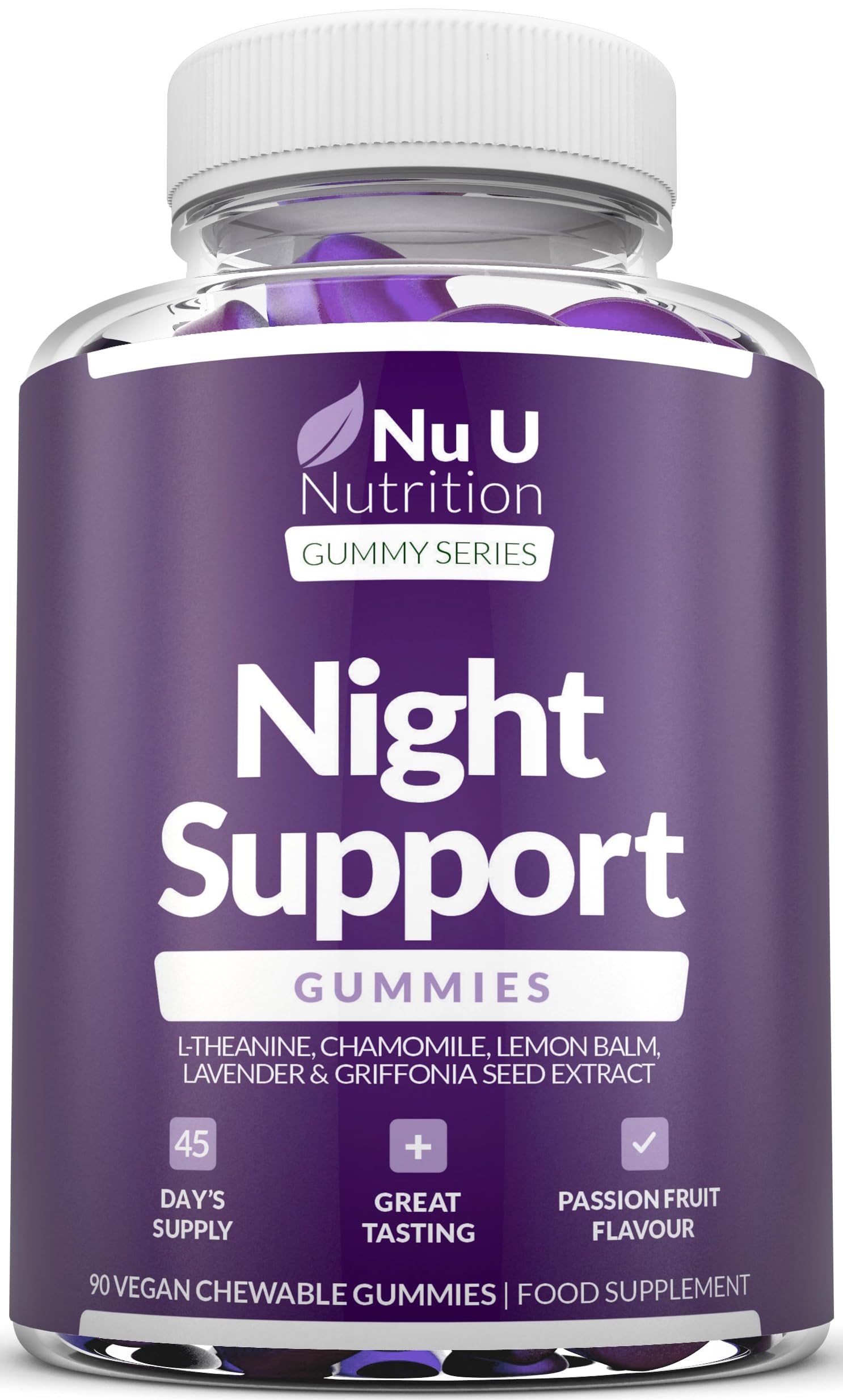 5HTP Night Support - Sleep Gummies for Adults - 90 Vegan Melatonin Alternative Gummies - Passionfruit Taste - High Strength Griffonia Simplicifolia, L-Theanine, Lavender & Chamomile - Nu U Nutrition