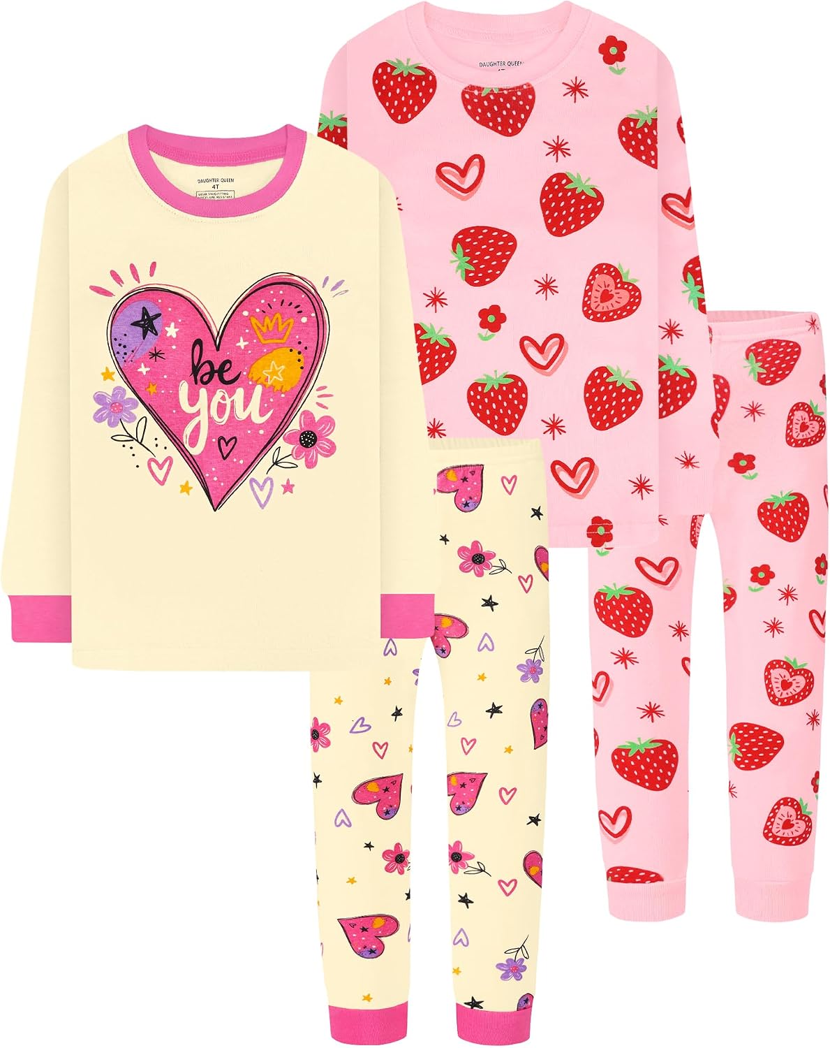 DAUGHTER QUEEN Girls 4 Pieces Cotton Pajamas Size 18 Months-12 Years