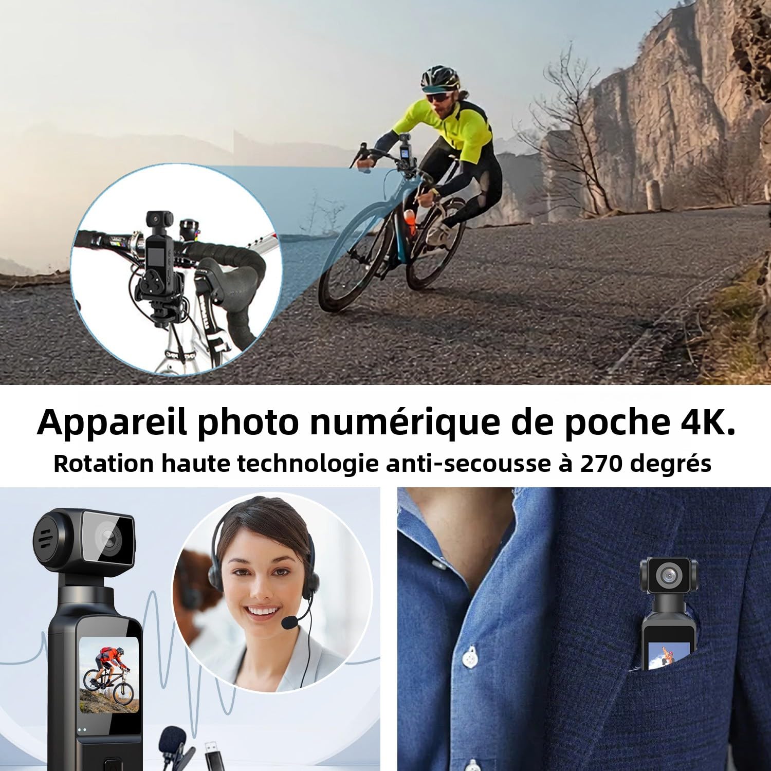 Générique Caméra de Poche 4K,Portable 270° Caméra POV Vlogging avec Objectif Rotatif, avec Microphone Externe, Mise au Point Rapide, écran Rotatif 1.3", Carte TF 64 GB