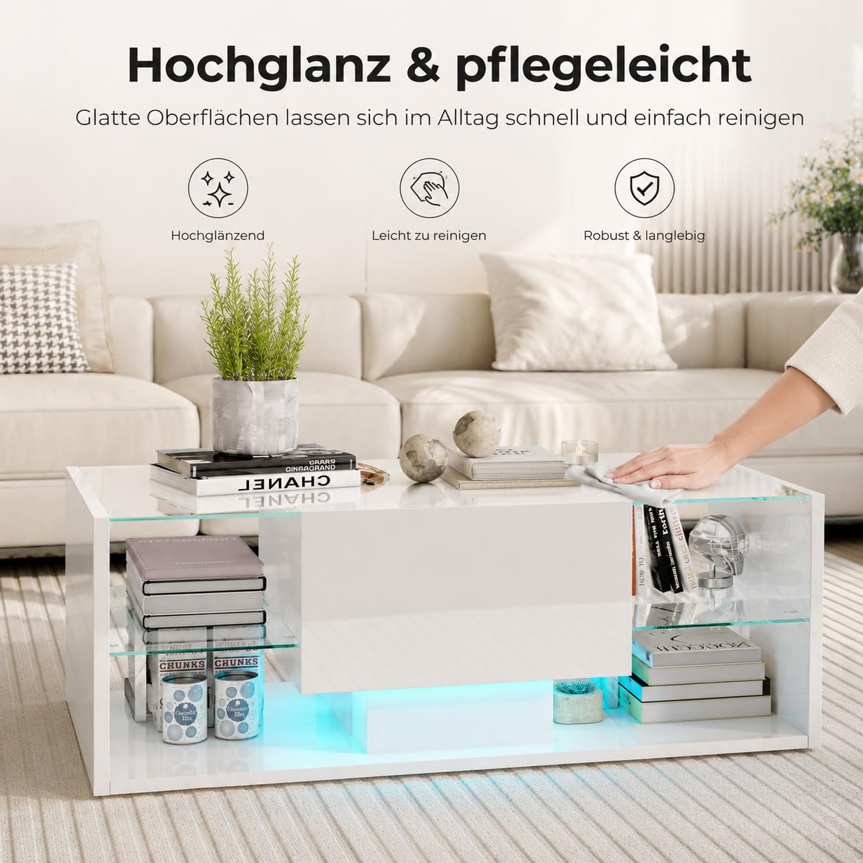 Tavolino da caffè con Contenitore, tavolino Salotto Moderno con Illuminazione a LED, tavolino da Soggiorno Lucido con cassetti e vano a Giorno, tavolino da Divano per Soggiorno o Ufficio