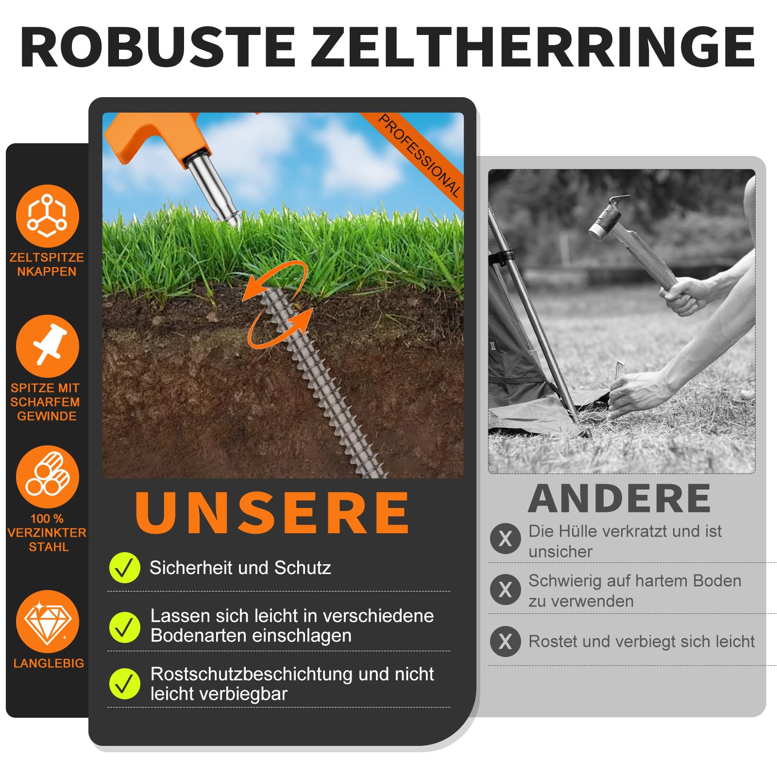 Zeltheringe, 24x Heringe Erdnägel Stabil mit Box, Stark Zeltheringe Sturmsicher mit Gewinde, Anti-ROST Camping Heringe Zelt für Harten Boden, Gras, Sandboden,Wald, Wiesen, Orange