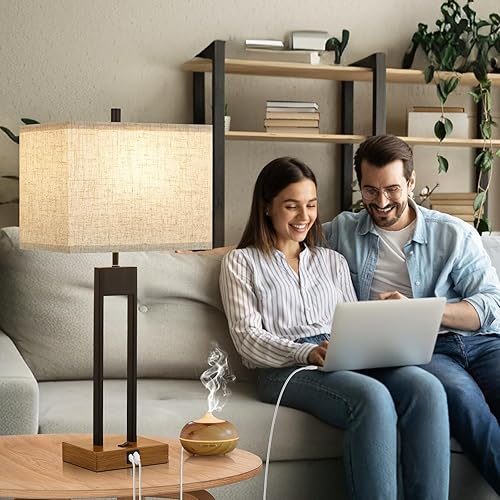 Miniatura 4 de GyroVu Juego de 2 lámparas de mesa modernas de 25.5 pulgadas con puertos USB C+A, color cambiable, lámparas de noche marrón para mesita de noche,