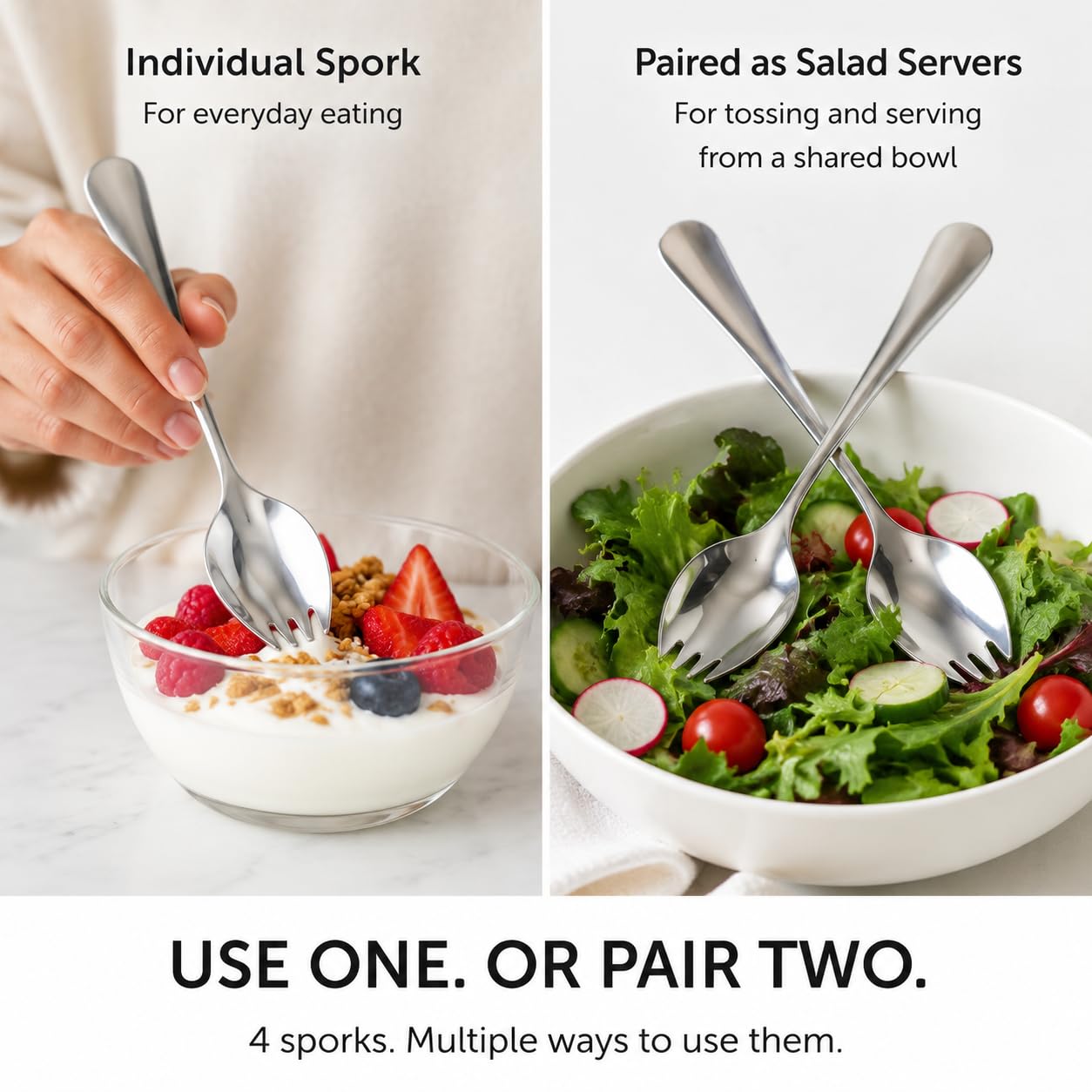 4 Stainless Steel Sporks - Salad Forks & Serving Spoons -6 4 Stainless Steel Sporks - Salad Forks & Serving Spoons -6