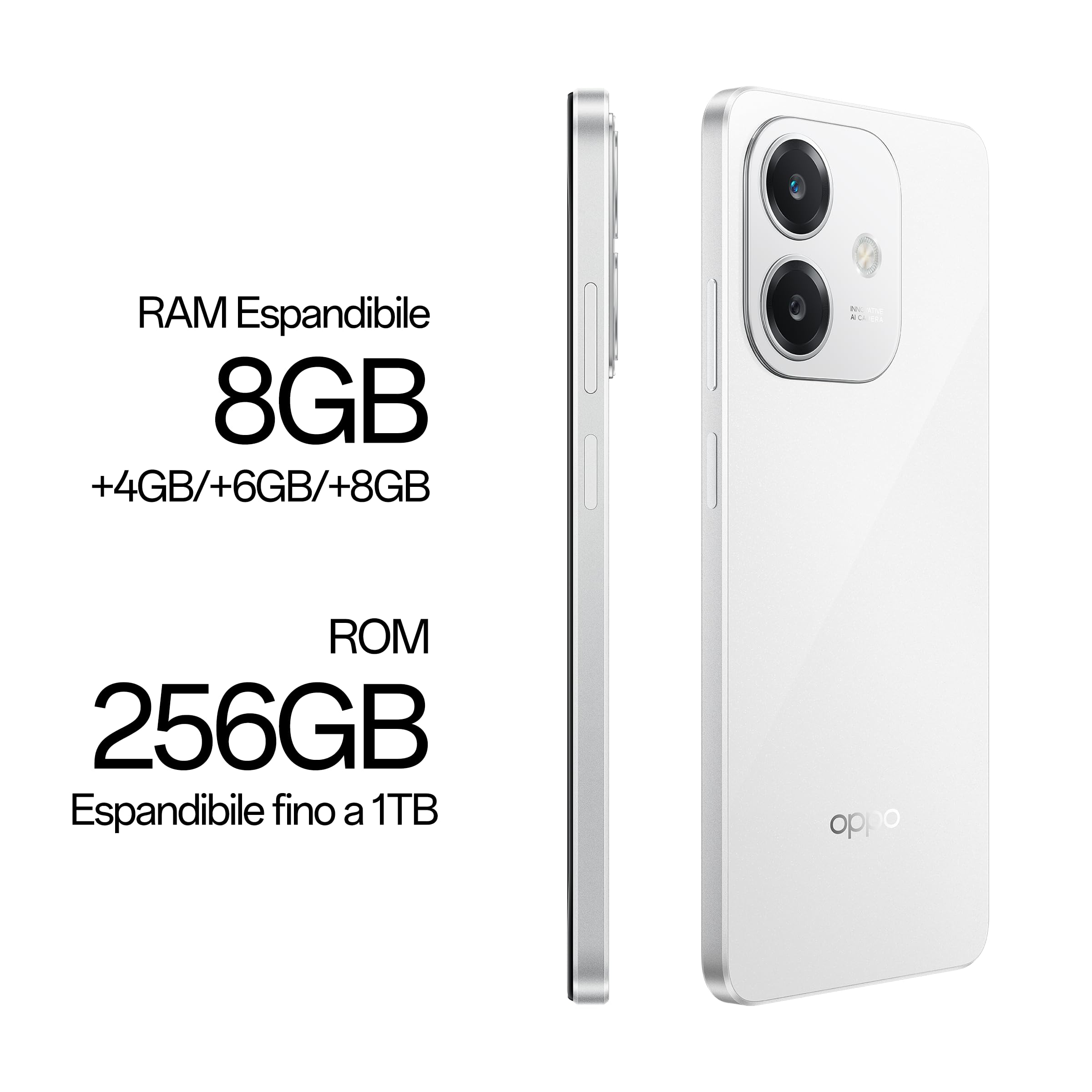 OPPO A40M Smartphone, Fotocamera AI 50MP, Selfie 5MP, Display 6.67” 90HZ LCD HD+, 5100mAh, RAM 16GB (8+8) +ROM 256GB (esp1TB), IP54, Supporto Auto [Versione Italia], Starlight White