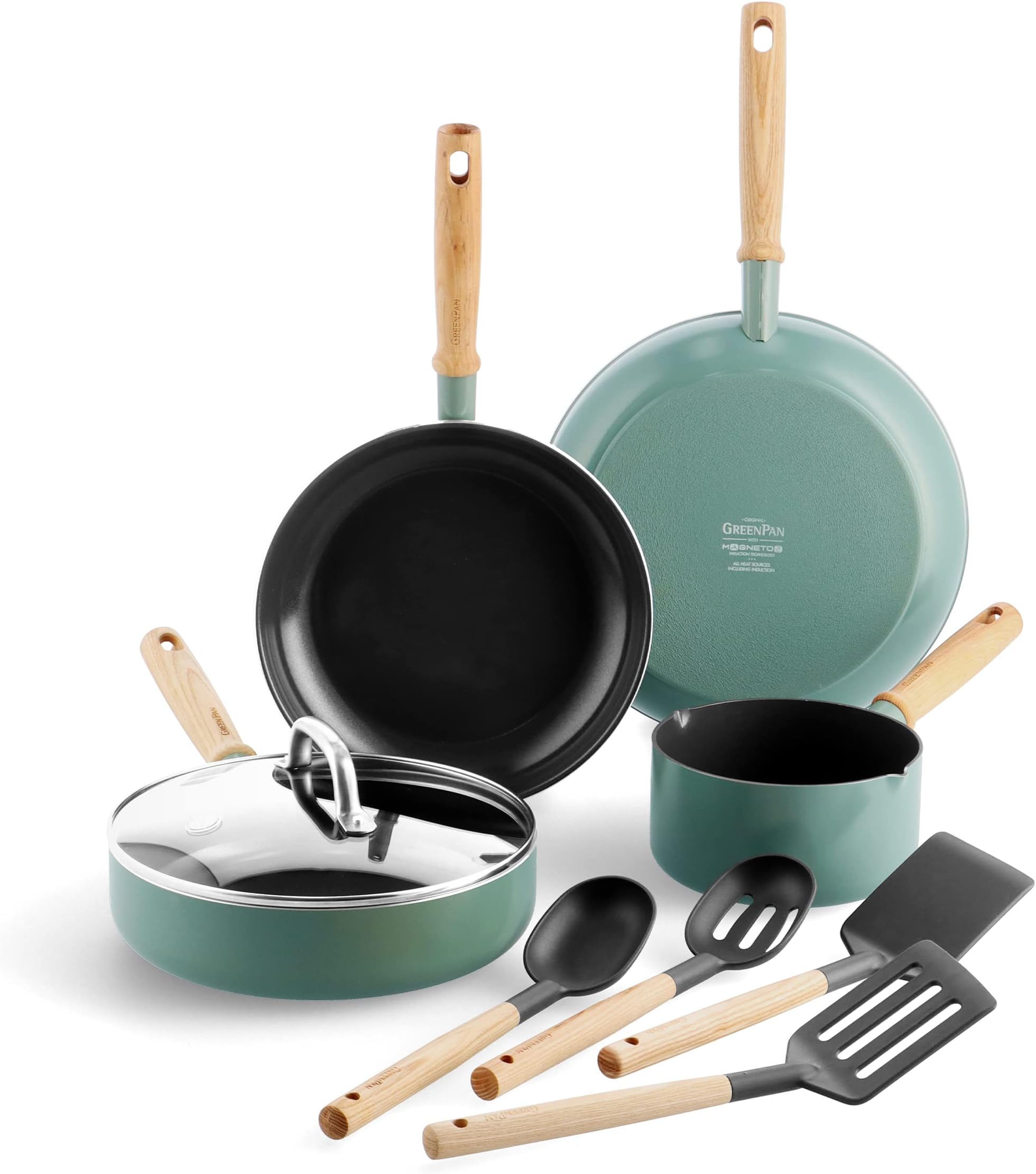 GreenPan Mayflower Healthy Ceramic Non-Stick 9-Piece Cookware Pots and Pans Set, Vintage Wood Handle, PFAS-Free, Induction, Smoky Blue, Blue