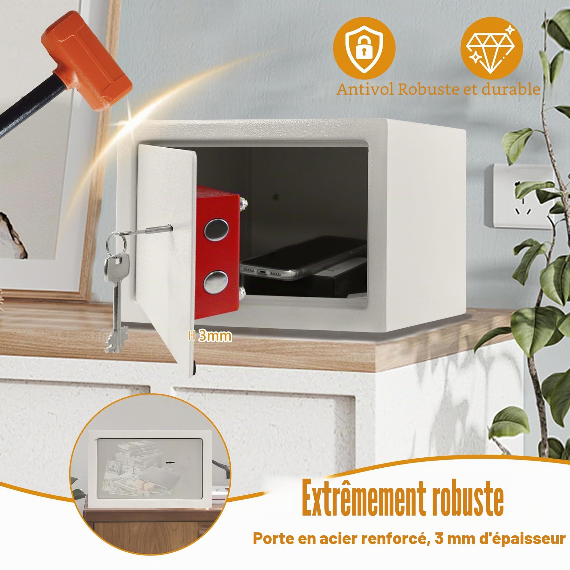 XMTECH Coffre-fort pour meubles avec serrure à double barbe, 2 clés, coffre-fort, coffre-fort, mural, avec matériel de fixation, beige, L - 31 x 20 x 20 cm (l x H x P)