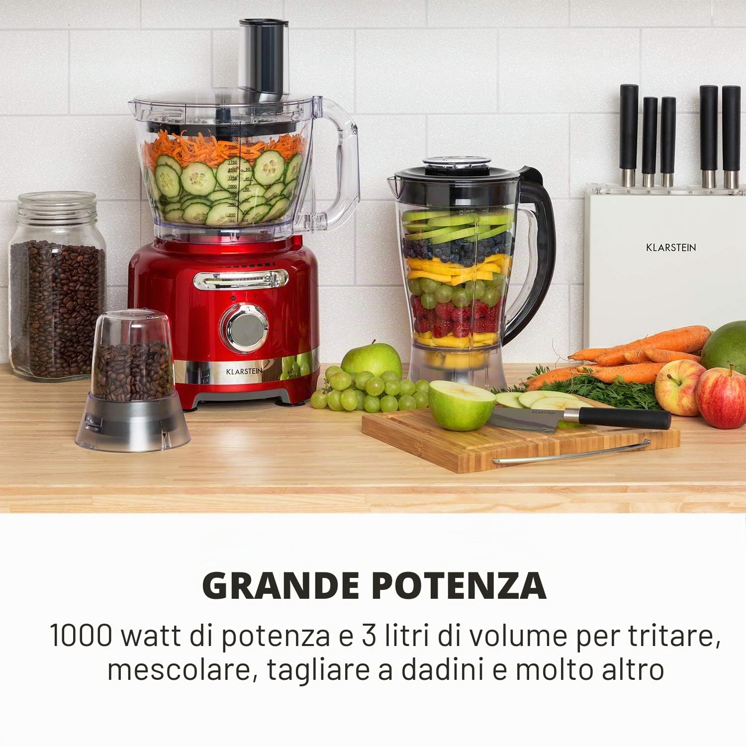 Klarstein Luca - Mixer Multifunzione, Food Processor, 1000 Watt, Regolazione Libera, 6 Modalità, Senza BPA, 3 L, Misurino da 3 l, Spatola, Rosso