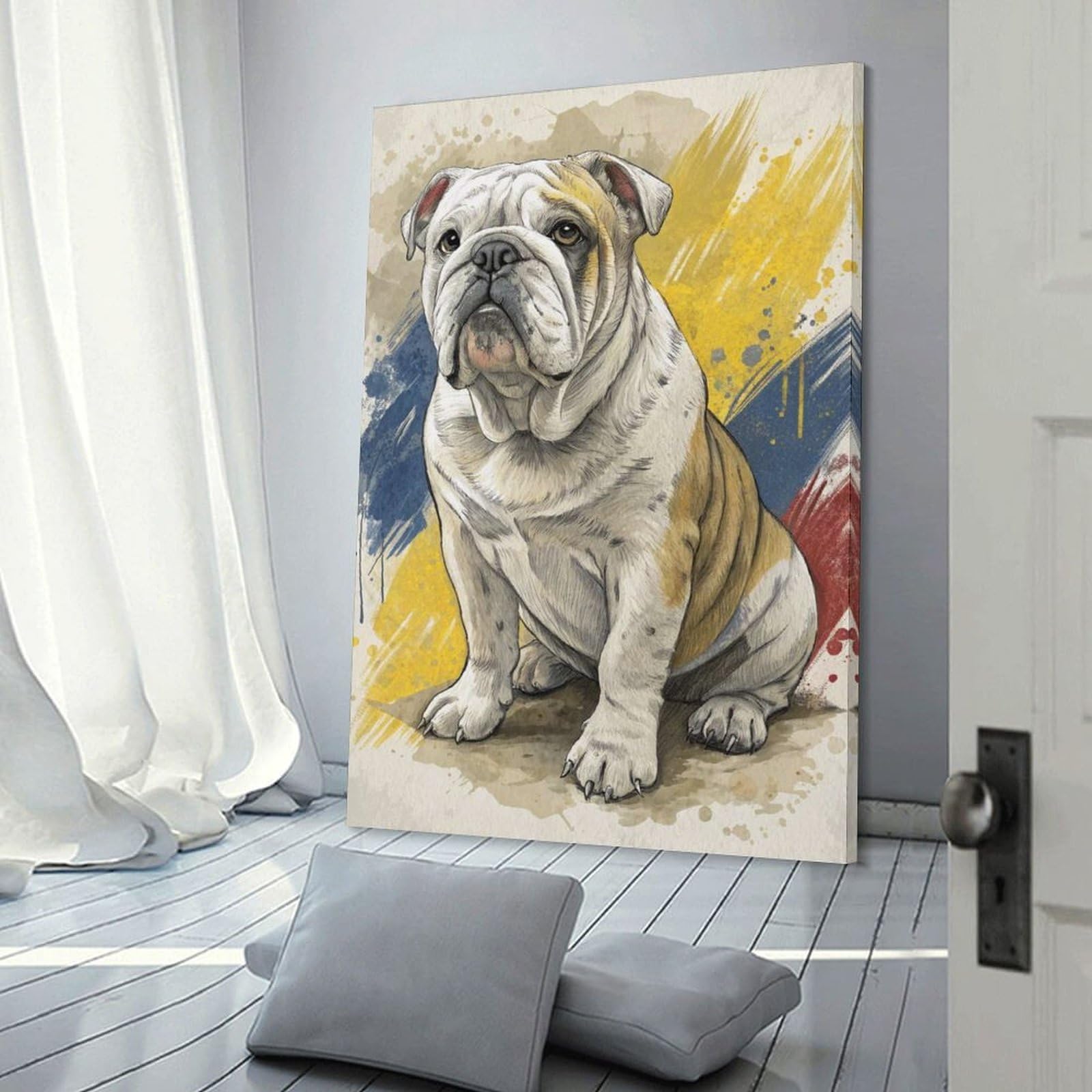 Junmoney English Bulldog Portrait with Abstract Background Decorative Canvas Print, 20x30inch(50x75cm), for Hallway, Bedroom Or Modern Interiors, Gift Idea for Housewarming And Birthdays