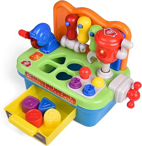 FUN LITTLE TOYS Banco de trabajo y kit de herramientas de juguete de construcción con sonido y música, juego de herramientas para bebés con