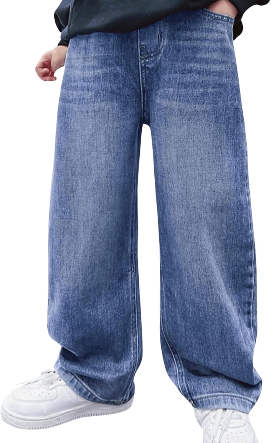Gihuo Boys Baggy Jeans Pants Straight Leg Elastic Waist Denim Pants with Pockets 8-11Y