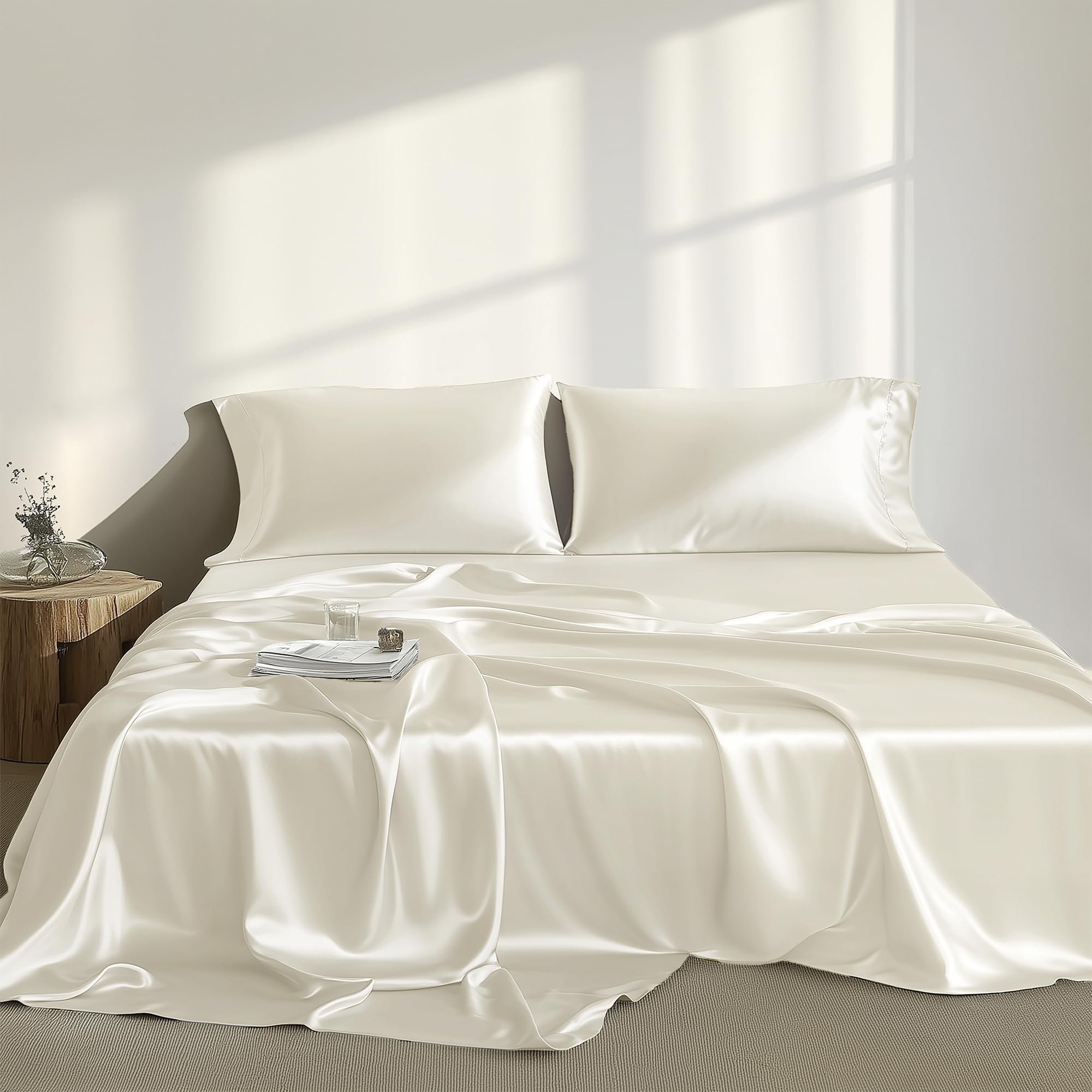 Parure de lit 4 pièces en satin drap housse grand bonnet ivoire