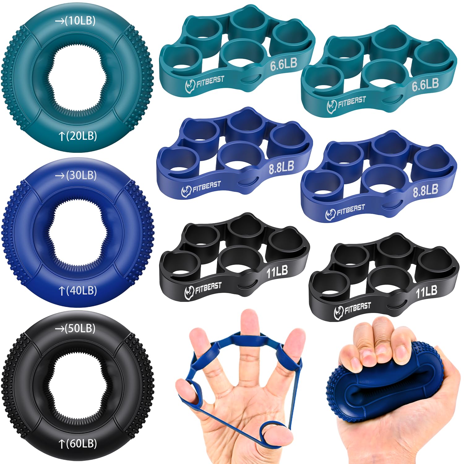 FitBeast Griffkrafttrainer, Fingertrainer, Unterarmstärker 9-teiliges Set, Gezielte Kraft Handmuskeltrainer, Entlastungs & Erholung