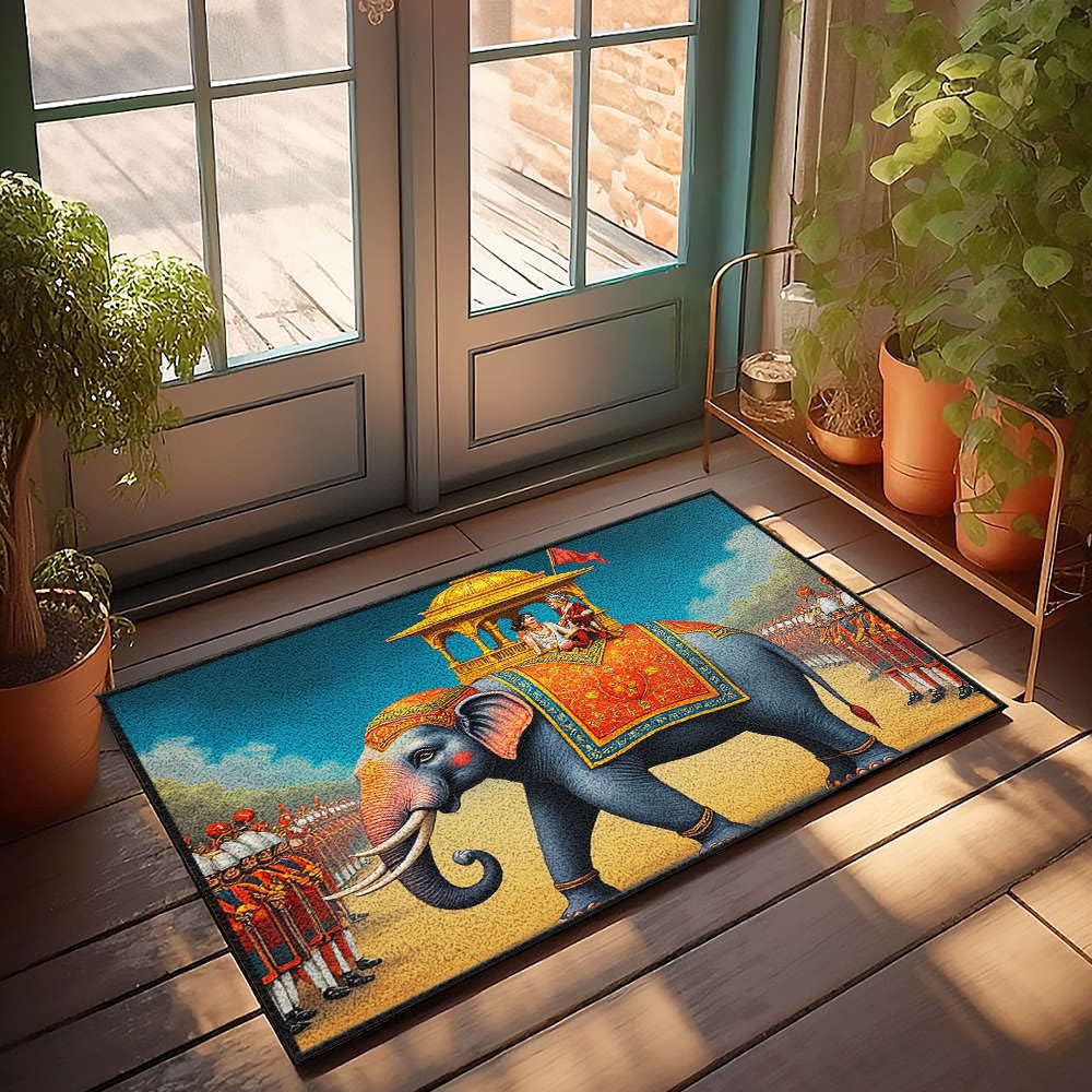Tapis d'intérieur éléphant orné de dignitaires et howdah, tissage raffiné 65 x 90 cm