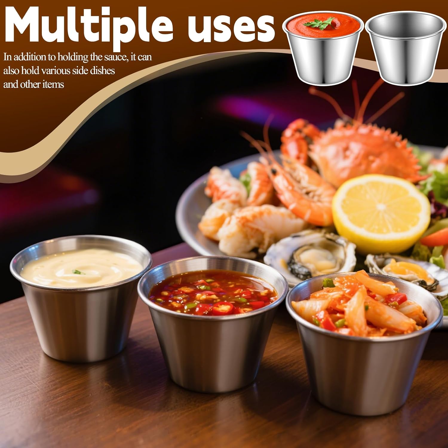 Giantree 50 Pcs Stainless Steel Dipping Sauce Cup, 2.5oz Mini Dip Bowls Reusable Metal Condiment Cups Ramekins Containers Small Dipping Bowls Round Individual Portion Cups for Home Restaurant 70ml