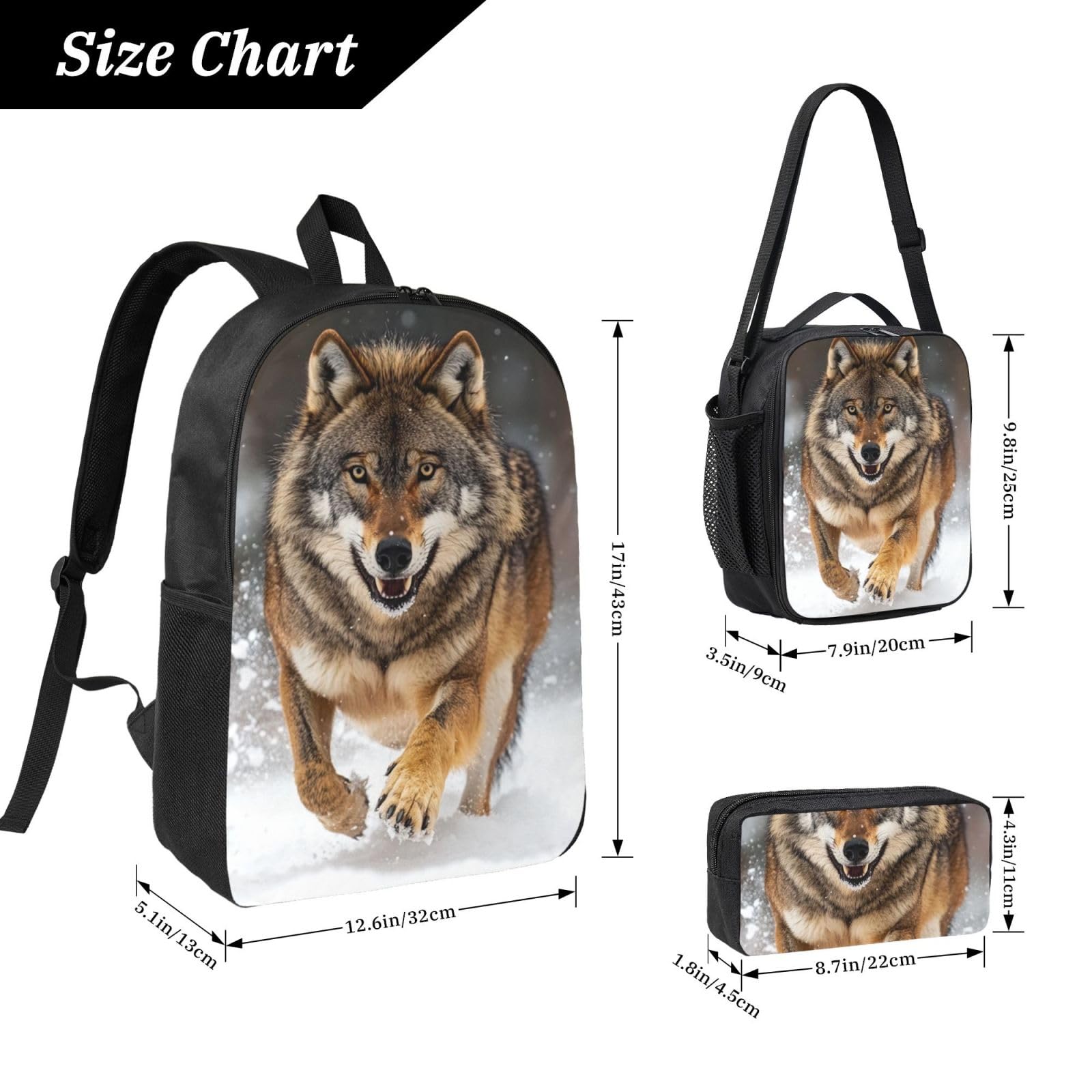 Zestaw plecaków Smart Wolf Print z torbą na lunch i piórnikiem | Minimalistyczny zestaw dla nastolatków, izolowana torba na artykuły pa, codzienne użytkowanie na zewnątrz
