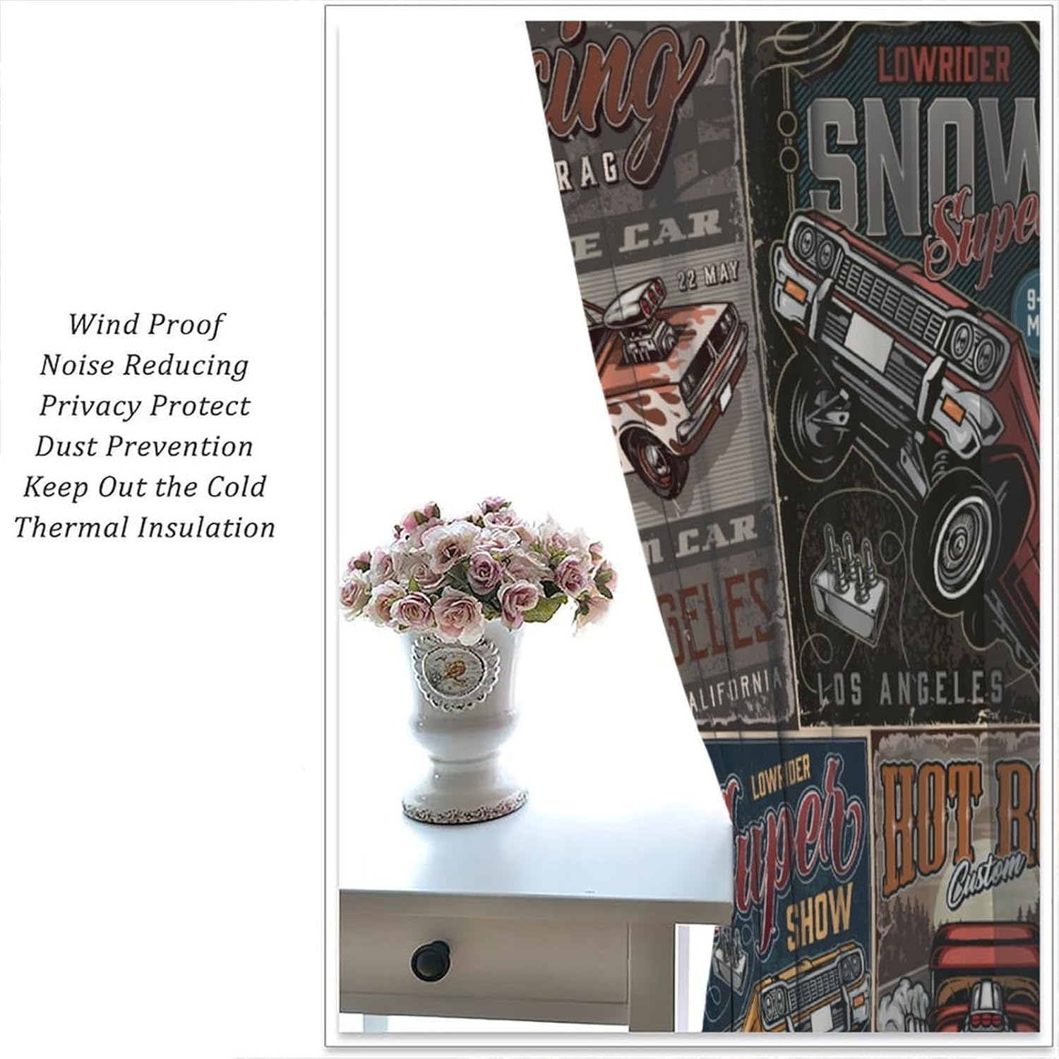 Vintage Car Curtains, Route 66 Theme Medieval Antique Motor Vehicle Poster Patchwork Pattern Window Treatments For Man, Rod Pocket Blackout Home Decor Drapes For Living Room Bedroom Bathroom 42x45in