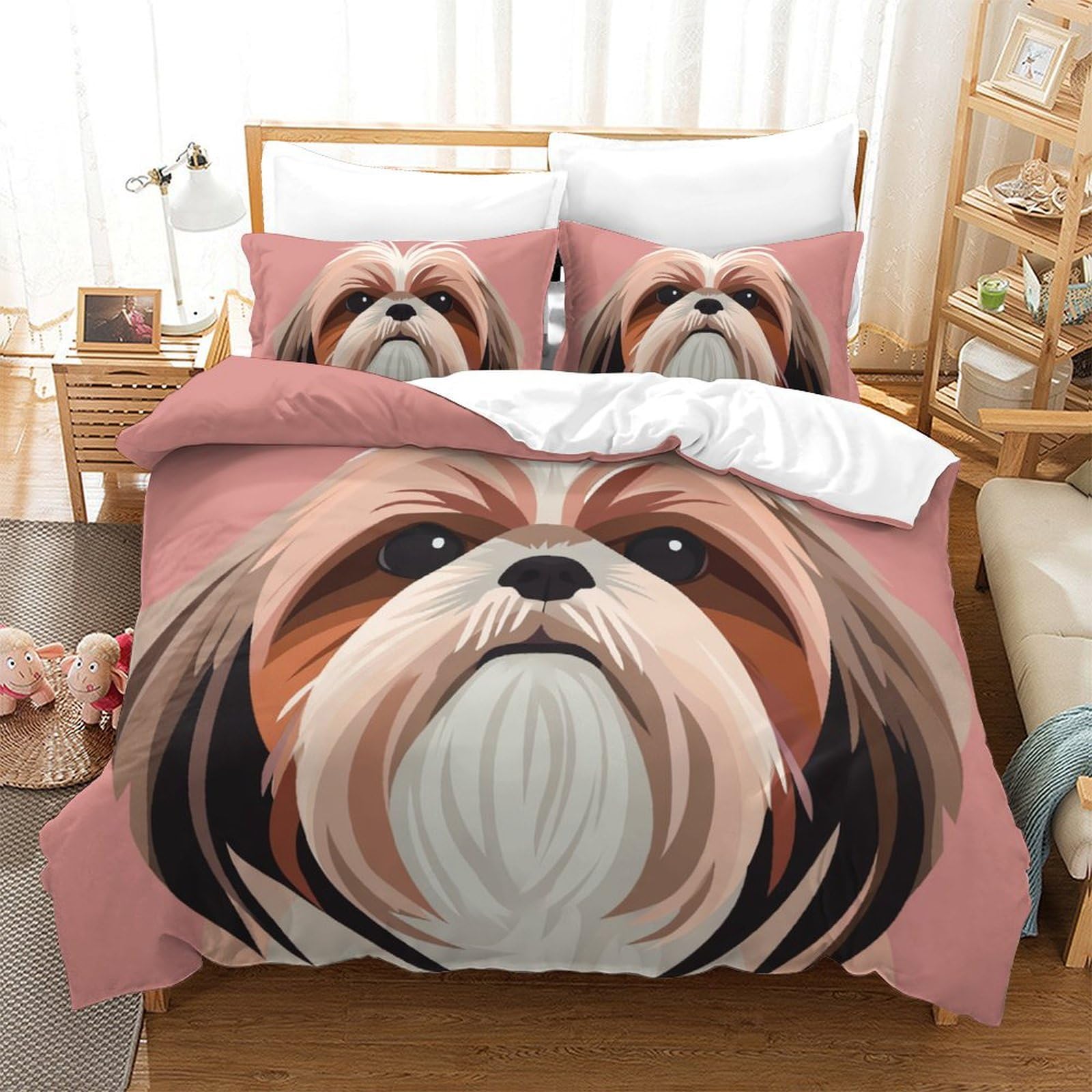 Housse de couette 200x200cm chien 3D en microfibre premium haute densité avec finitions zippées