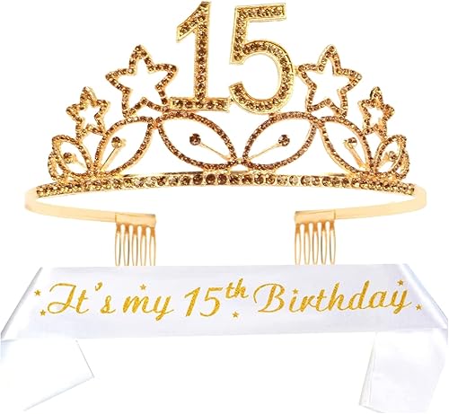 Banda y tiara de cumpleaños número 15 para niñas, fabuloso juego banda con purpurina + estrellas con diamantes de imitación de tiara de metal dorado